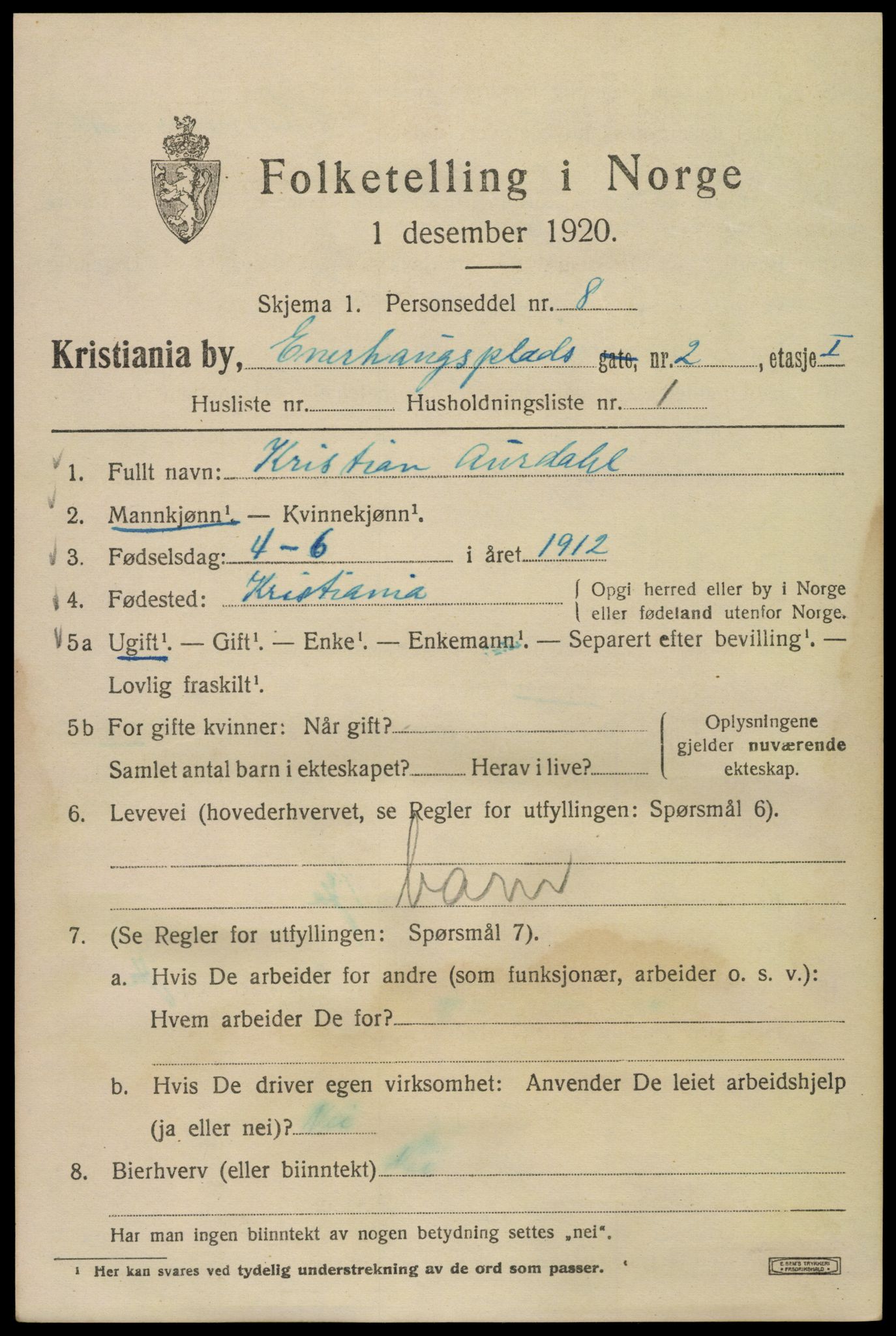 SAO, 1920 census for Kristiania, 1920, p. 218079