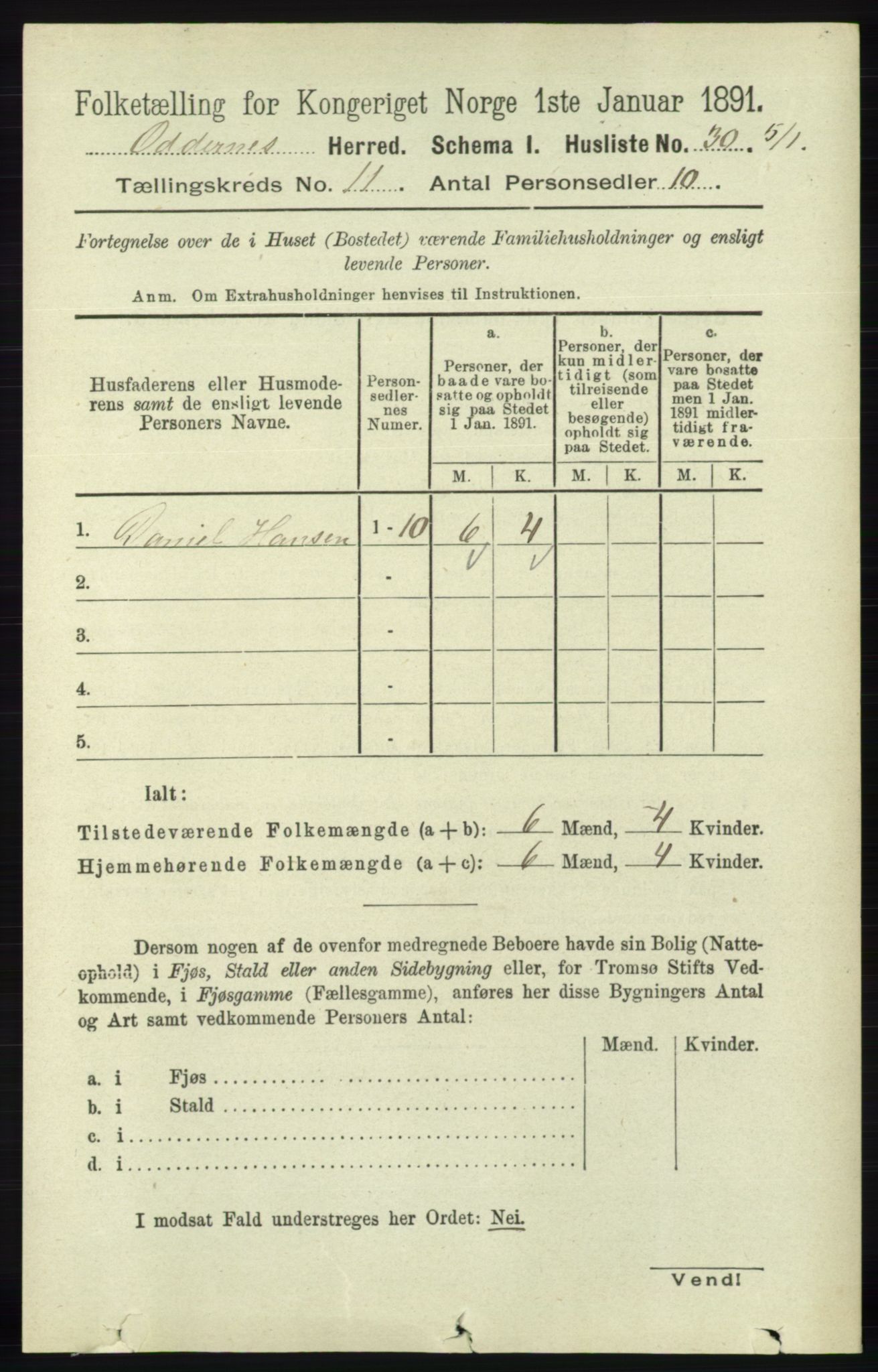 RA, 1891 census for 1012 Oddernes, 1891, p. 4132