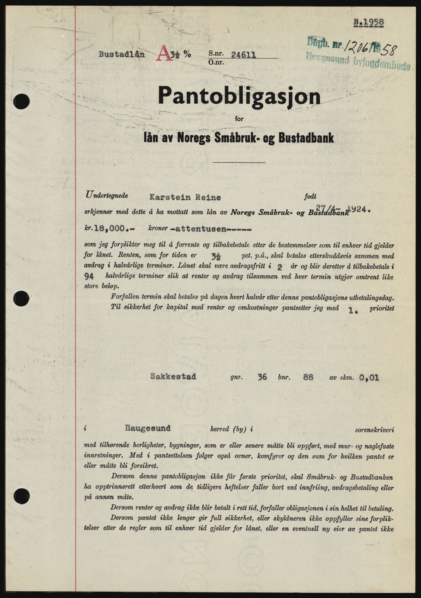 Haugesund tingrett, SAST/A-101415/01/II/IIC/L0044: Mortgage book no. B 44, 1958-1959, Diary no: : 1206/1958
