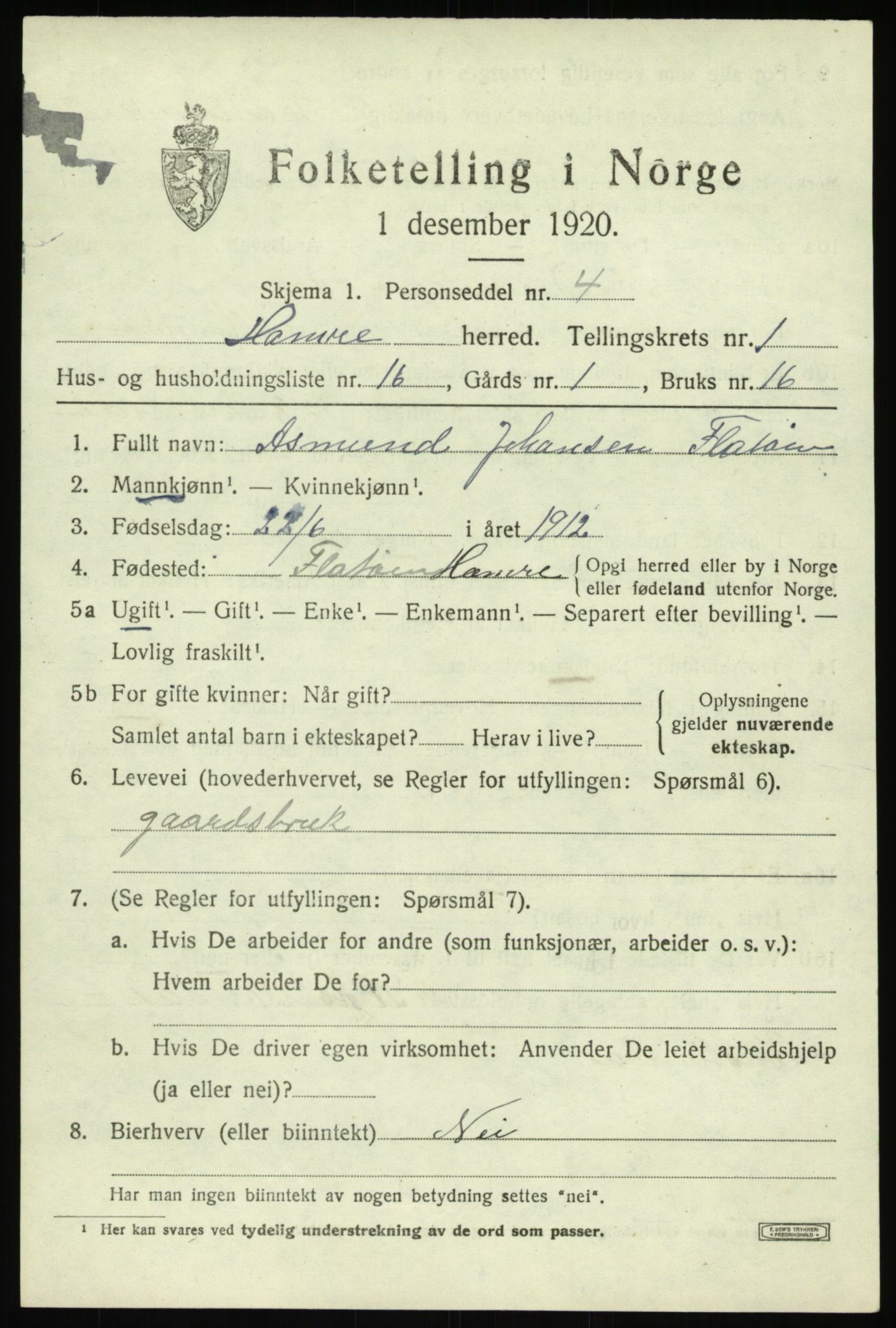 SAB, 1920 census for Hamre, 1920, p. 1185