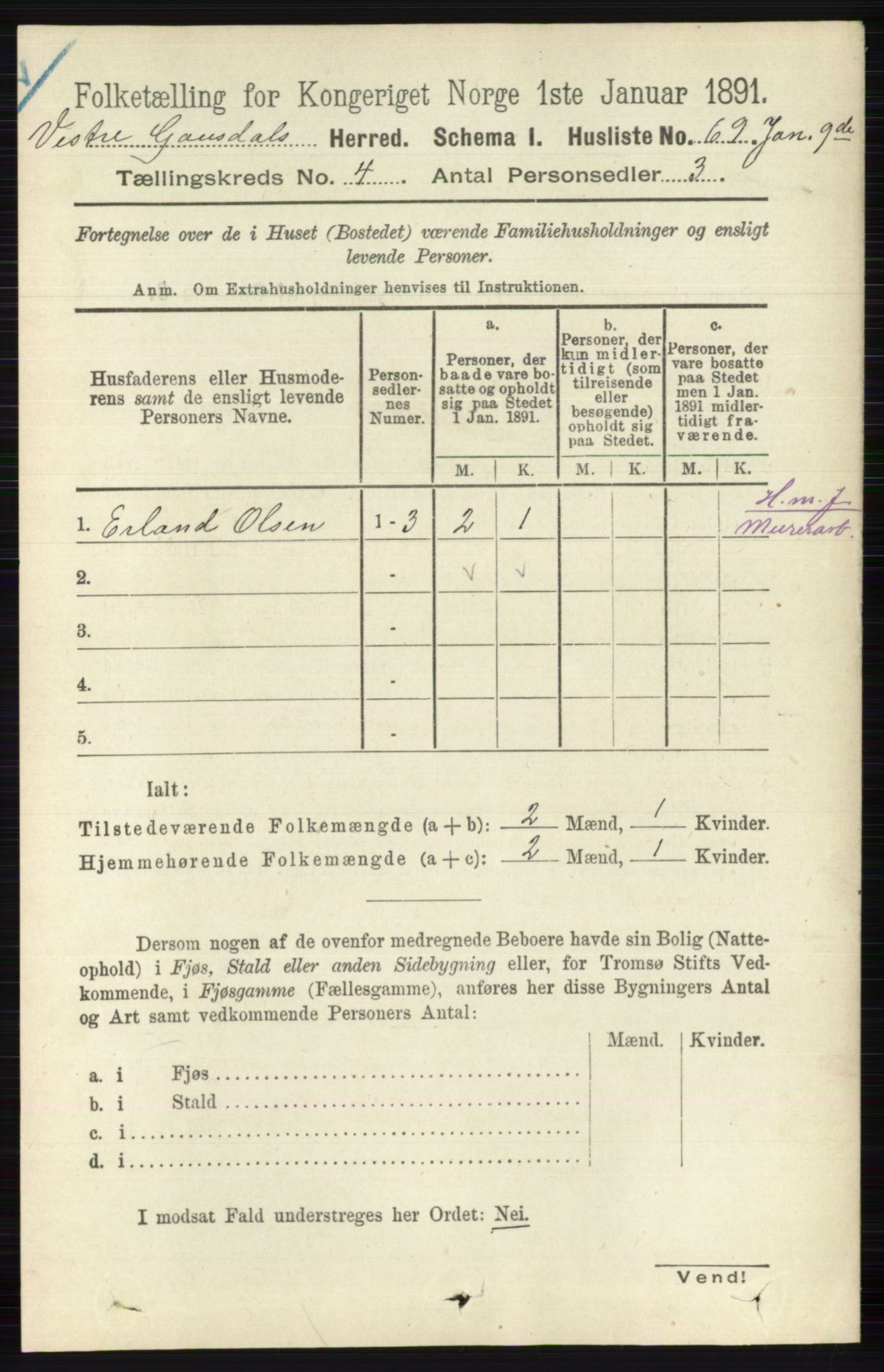 RA, 1891 census for 0523 Vestre Gausdal, 1891, p. 1708