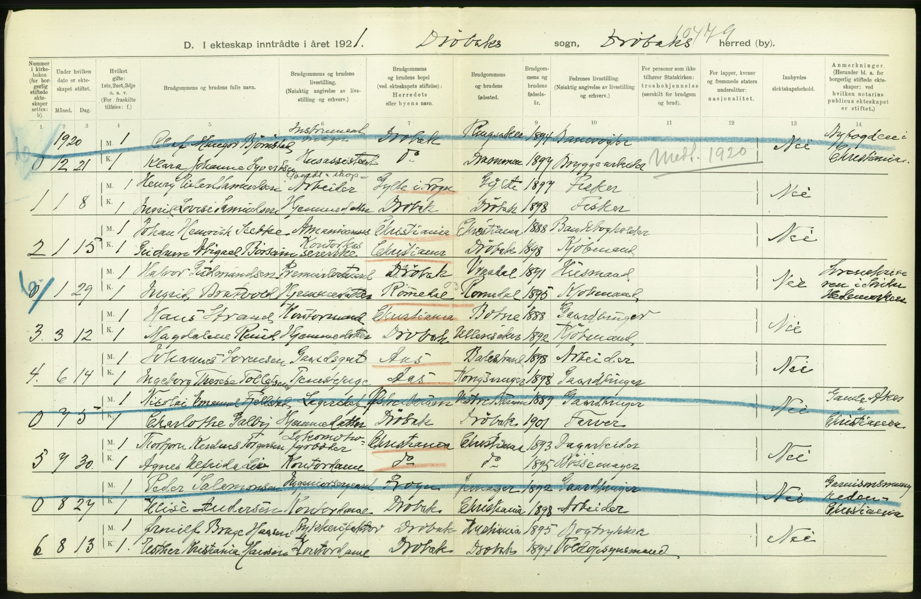 Statistisk sentralbyrå, Sosiodemografiske emner, Befolkning, RA/S-2228/D/Df/Dfc/Dfca/L0006: Akershus fylke: Gifte. dødfødte. Bygder og byer., 1921, p. 330