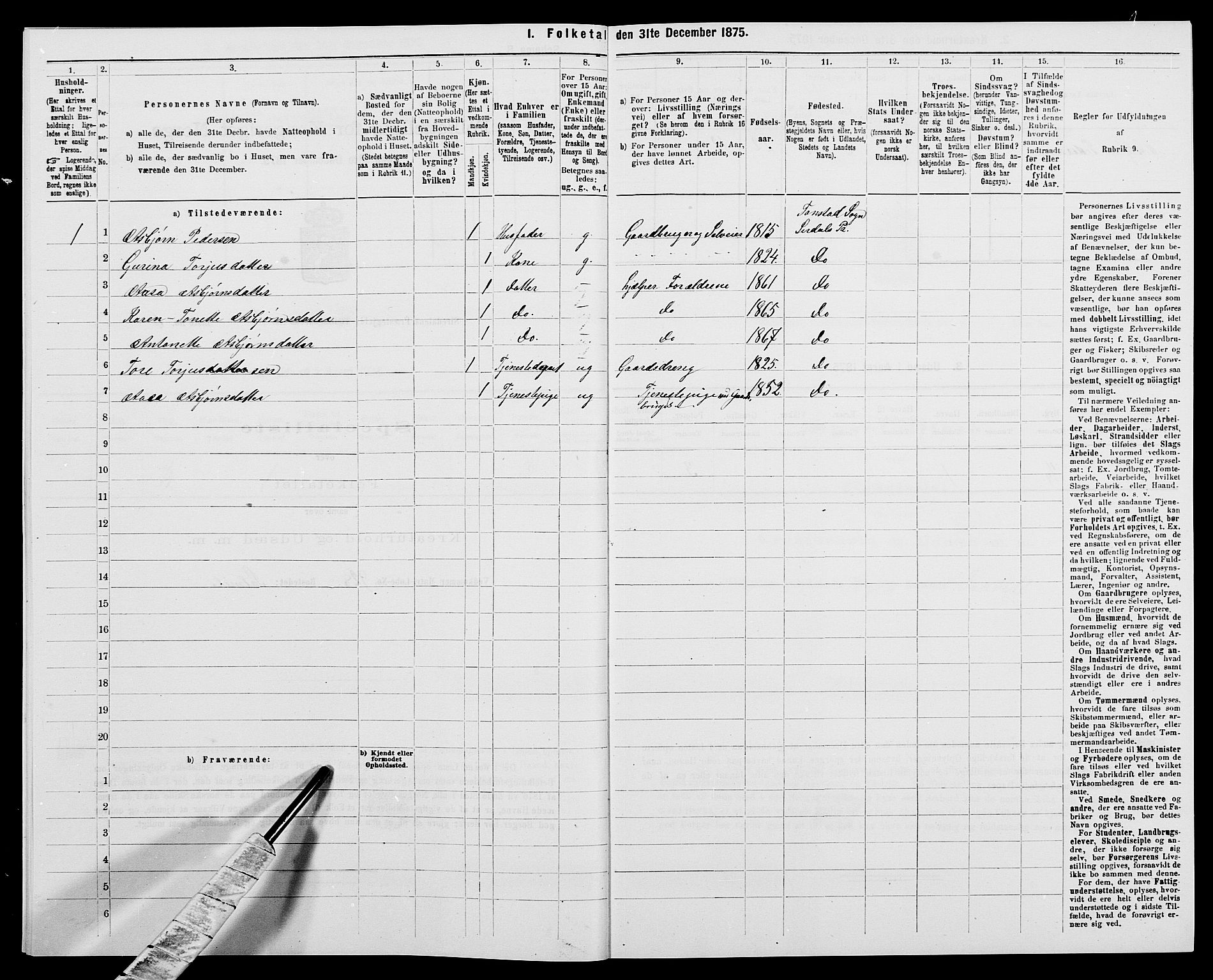 SAK, 1875 census for 1046P Sirdal, 1875, p. 53