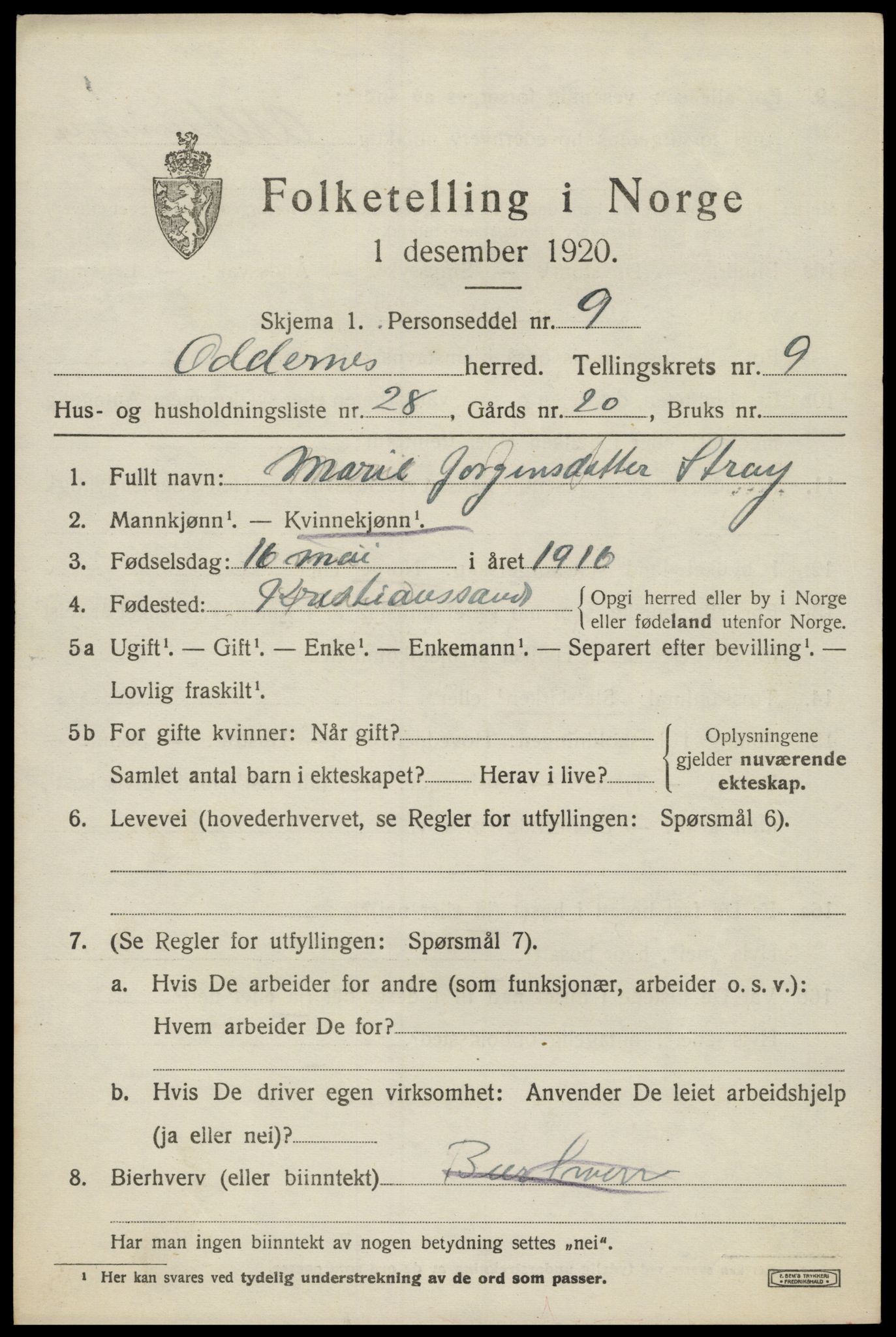 SAK, 1920 census for Oddernes, 1920, p. 6363