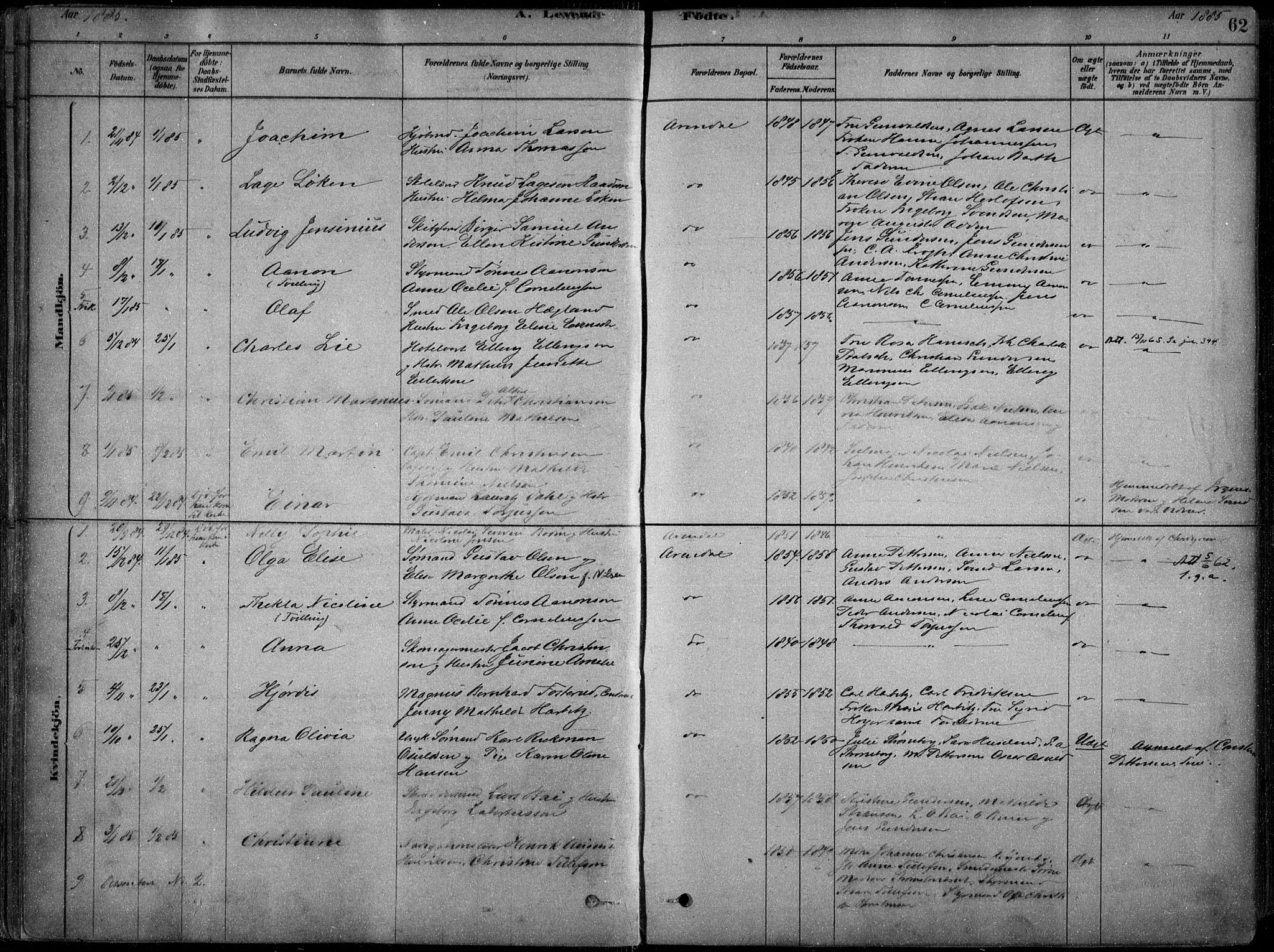 Arendal sokneprestkontor, Trefoldighet, AV/SAK-1111-0040/F/Fa/L0008: Parish register (official) no. A 8, 1878-1899, p. 62