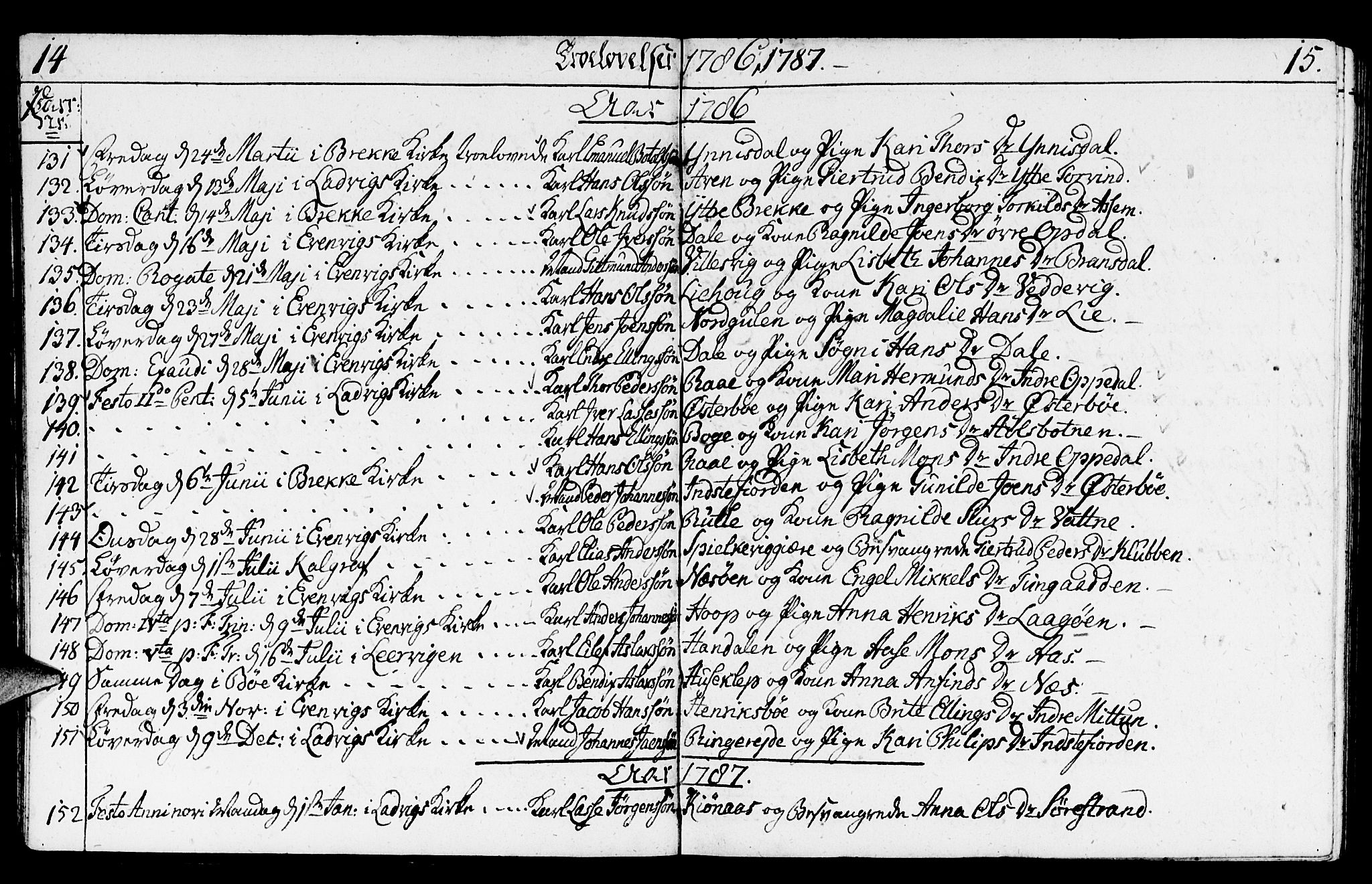 Gulen sokneprestembete, SAB/A-80201/H/Haa/Haaa/L0014: Parish register (official) no. A 14, 1779-1788, p. 14-15