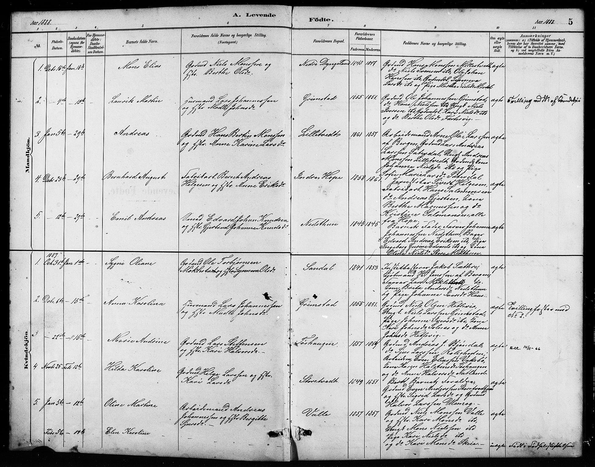 Birkeland Sokneprestembete, SAB/A-74601/H/Hab: Parish register (copy) no. A 4, 1888-1897, p. 5