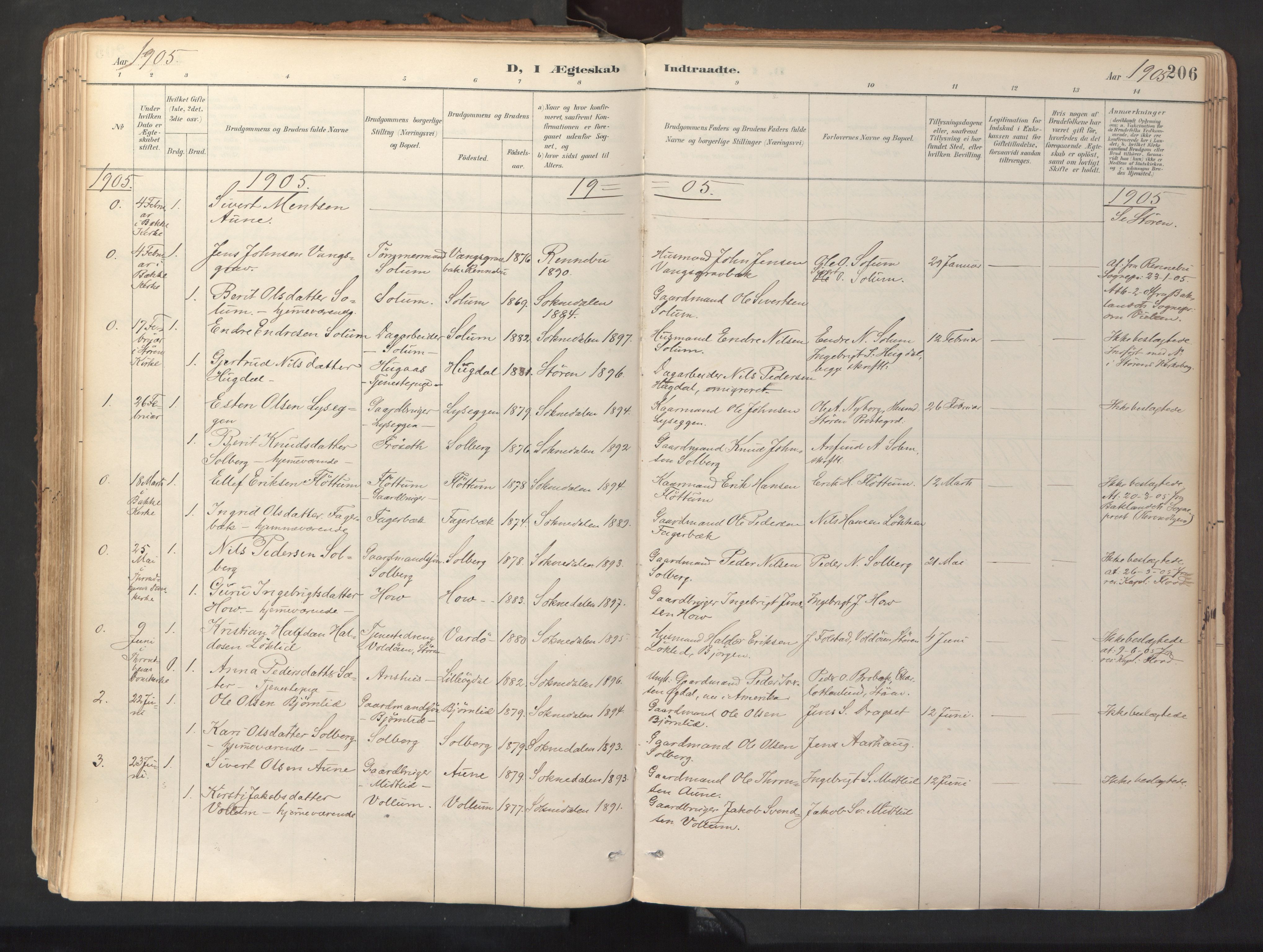 Ministerialprotokoller, klokkerbøker og fødselsregistre - Sør-Trøndelag, SAT/A-1456/689/L1041: Parish register (official) no. 689A06, 1891-1923, p. 206