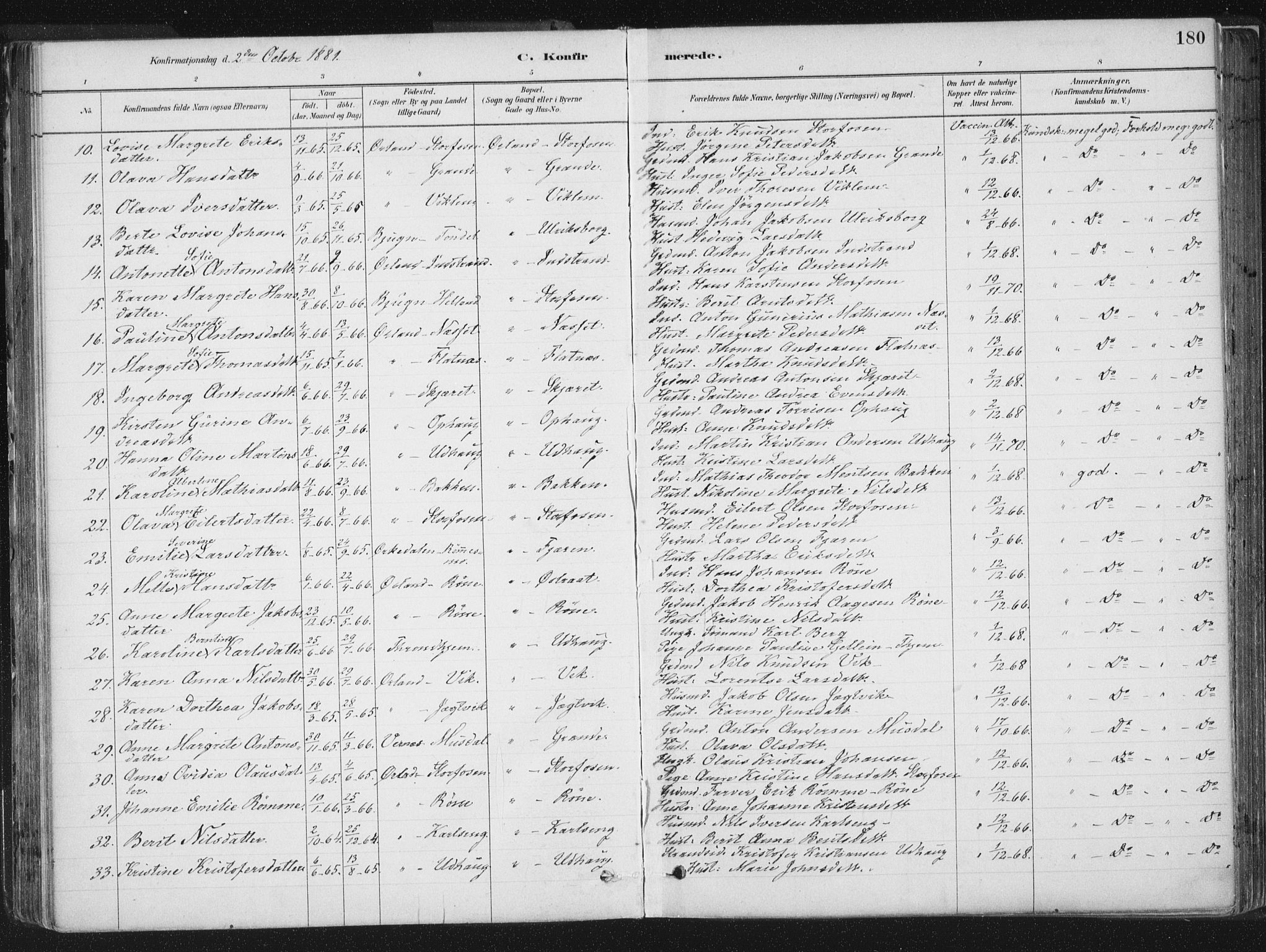 Ministerialprotokoller, klokkerbøker og fødselsregistre - Sør-Trøndelag, SAT/A-1456/659/L0739: Parish register (official) no. 659A09, 1879-1893, p. 180