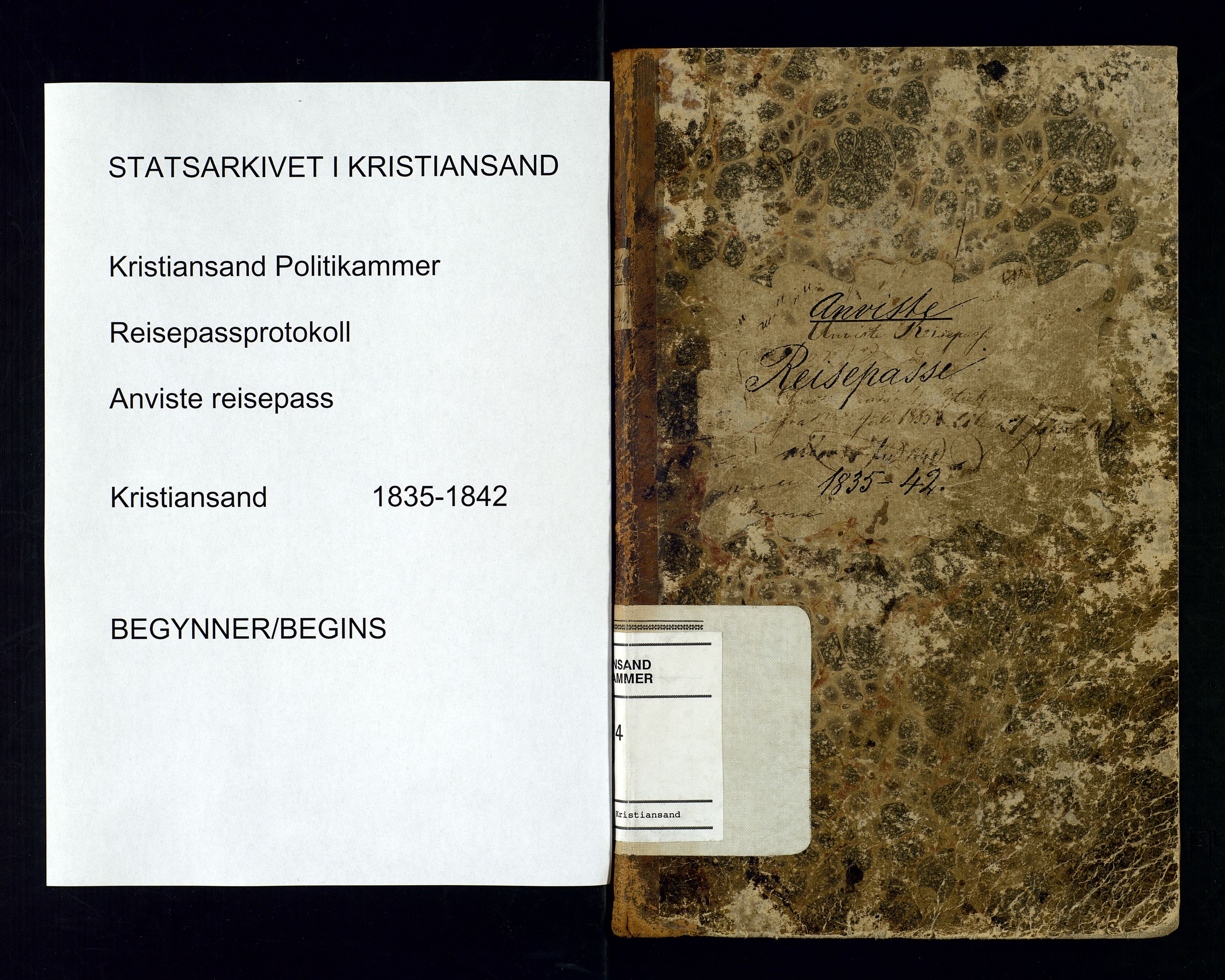 Kristiansand politikammer, SAK/1243-0004/K/Ka/L0224B: Reisepassprotokoll anviste reisepass, 1835-1842, p. 1