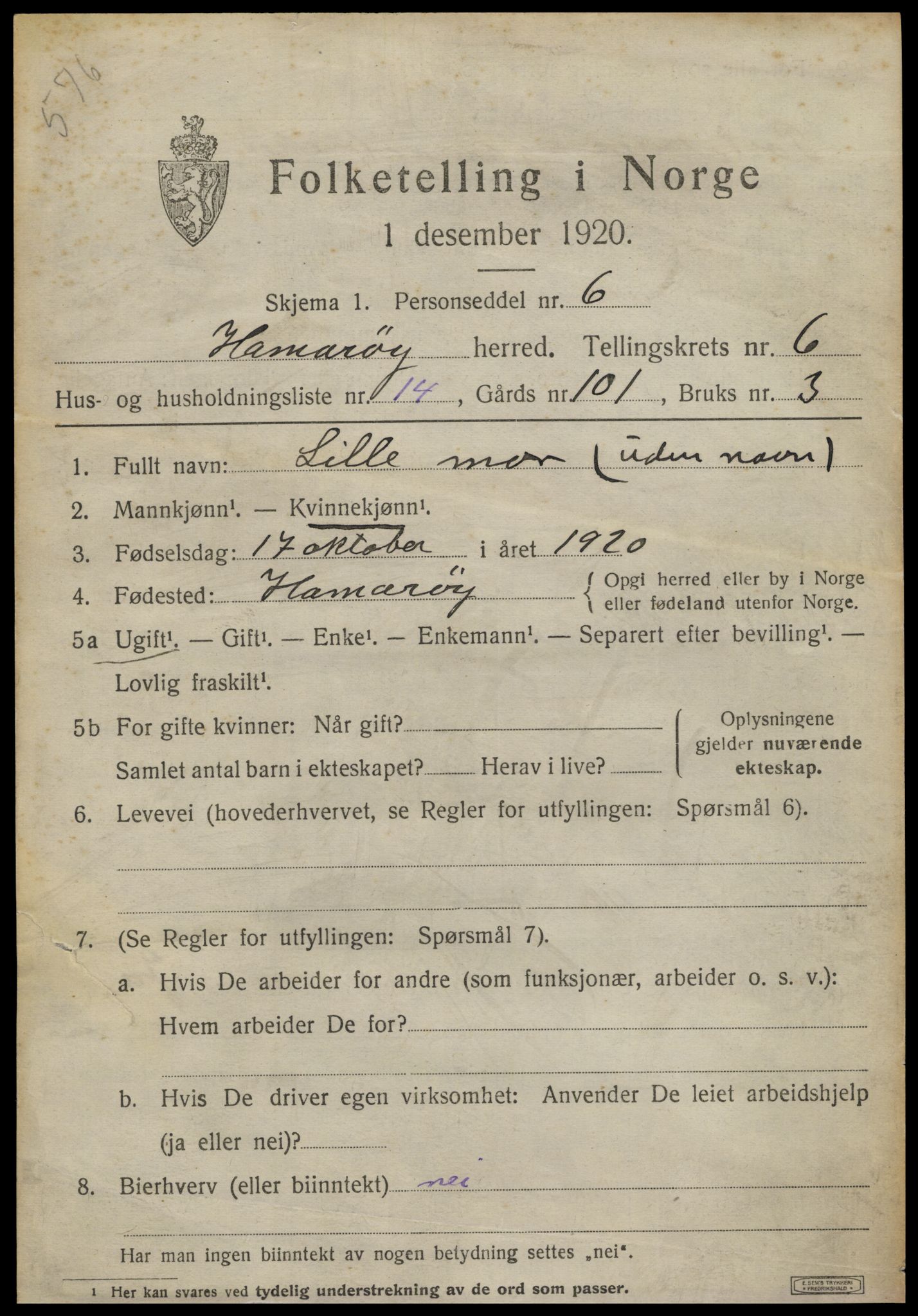 SAT, 1920 census for Hamarøy, 1920, p. 3118