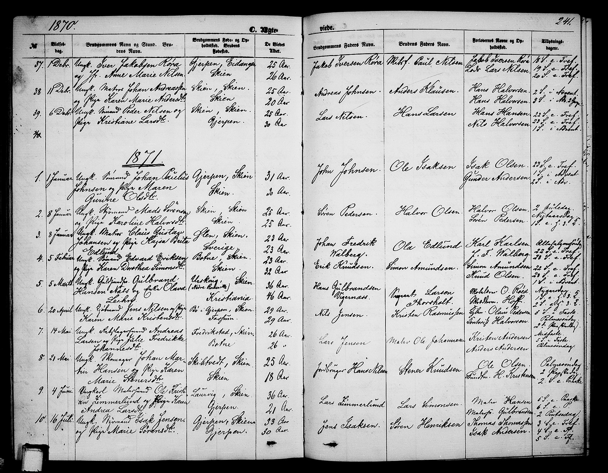 Skien kirkebøker, AV/SAKO-A-302/G/Ga/L0005: Parish register (copy) no. 5, 1868-1880, p. 241