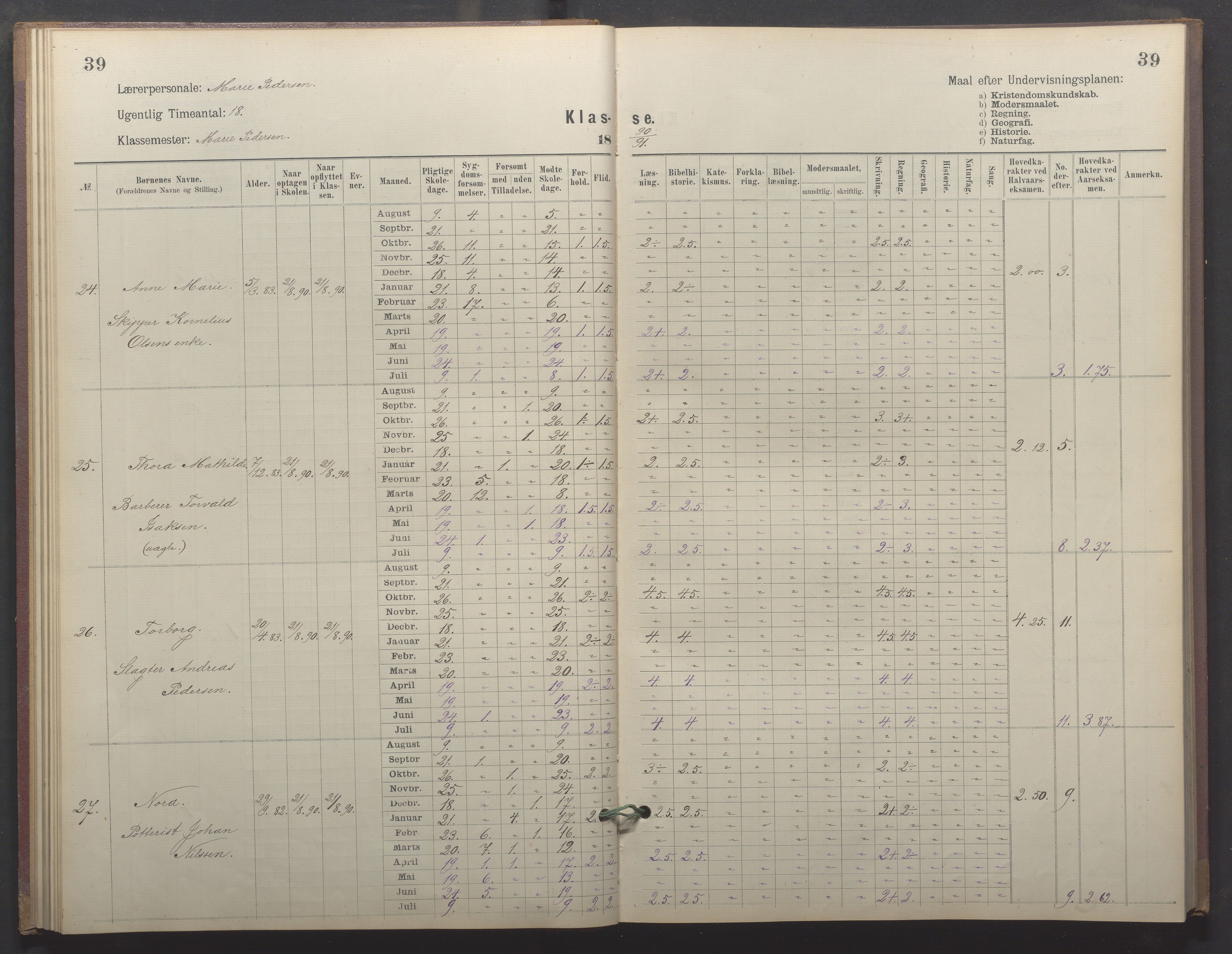 Egersund kommune (Ladested) - Egersund almueskole/folkeskole, IKAR/K-100521/H/L0026: Skoleprotokoll - Almueskolen, 1. klasse, 1889-1893, p. 39