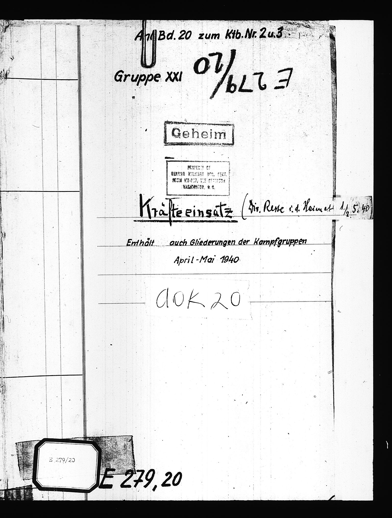 Documents Section, AV/RA-RAFA-2200/V/L0083: Amerikansk mikrofilm "Captured German Documents".
Box No. 722.  FKA jnr. 615/1954., 1940, p. 379