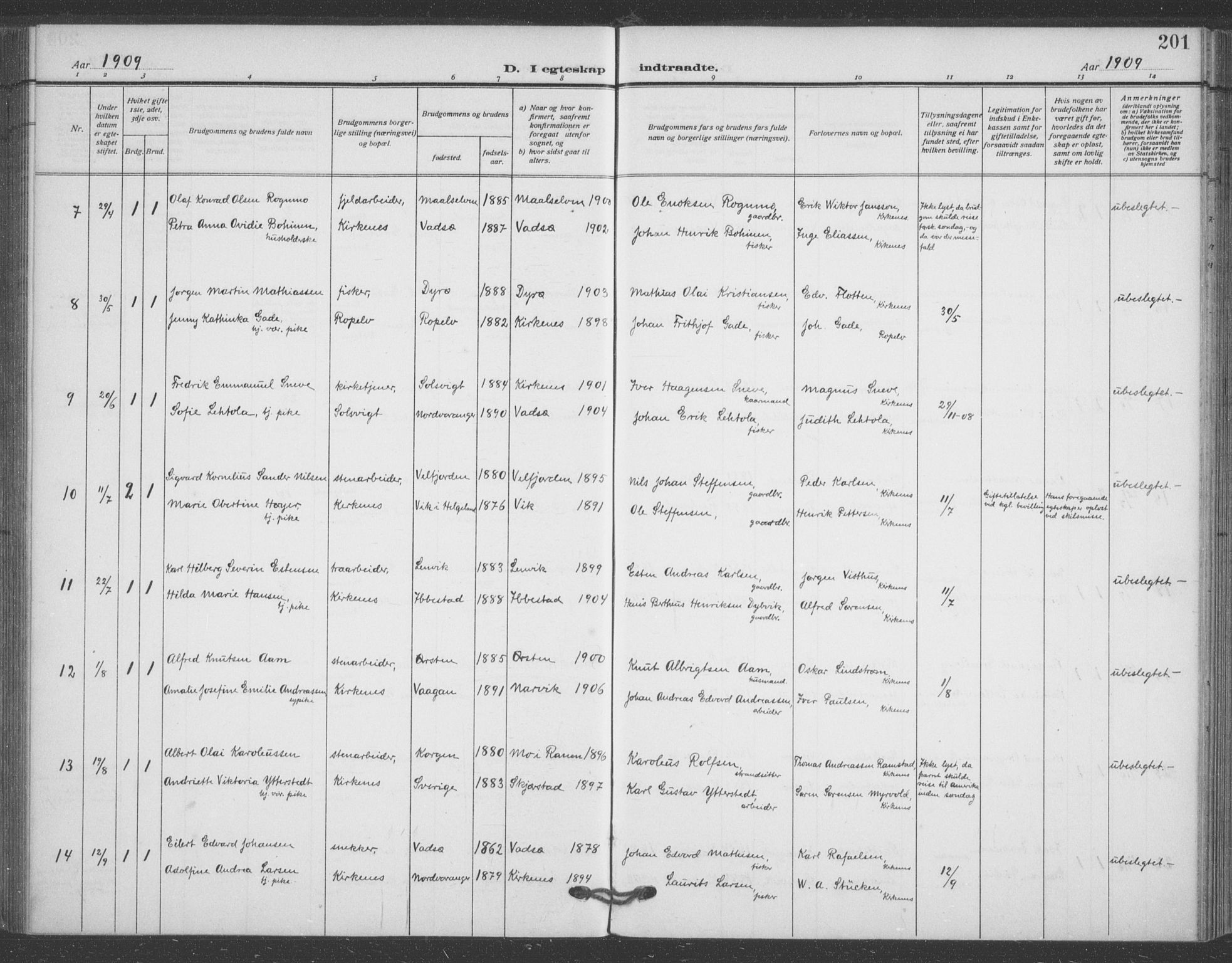 Sør-Varanger sokneprestkontor, AV/SATØ-S-1331/H/Ha/L0005kirke: Parish register (official) no. 5, 1909-1919, p. 201