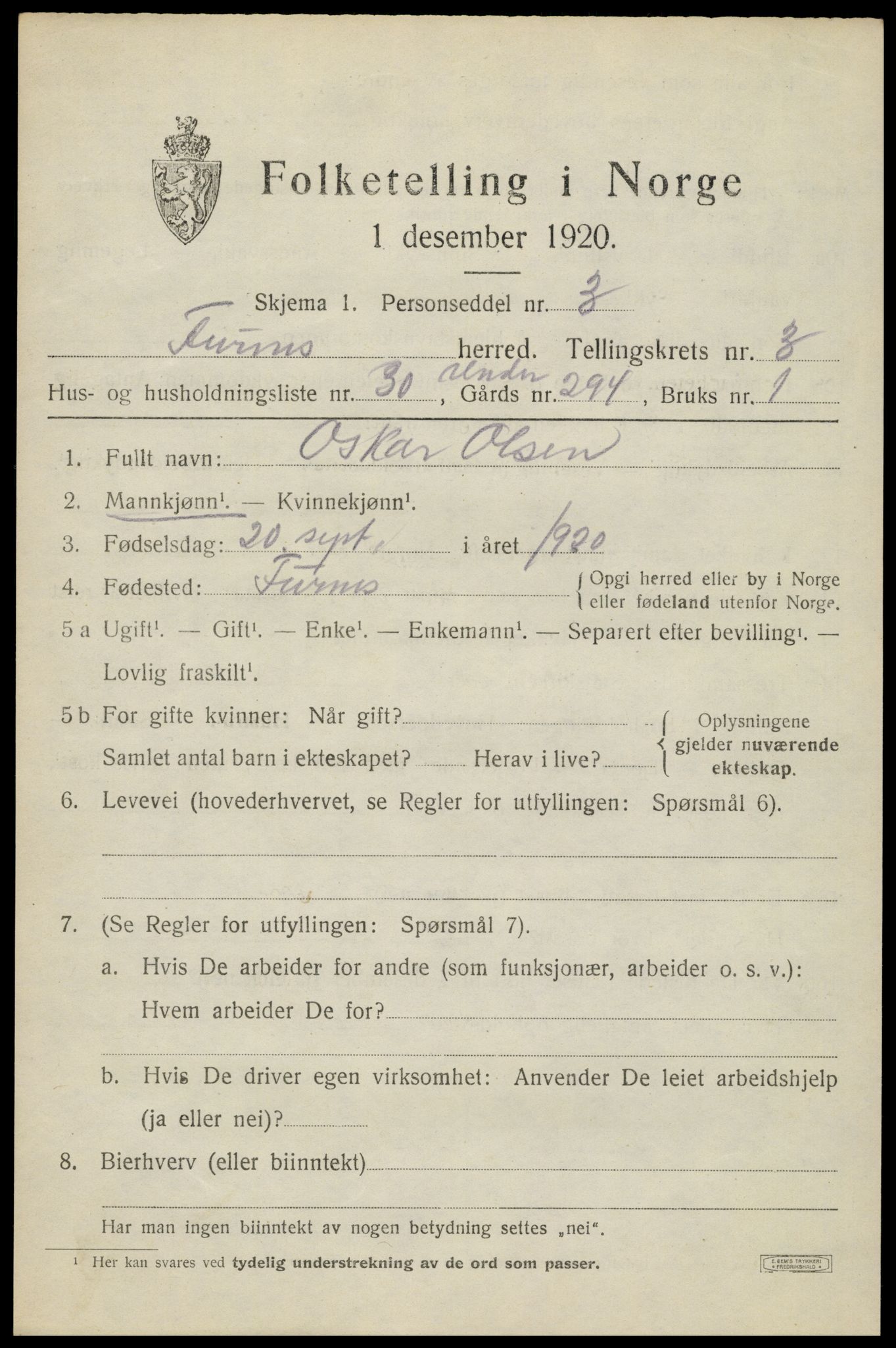 SAH, 1920 census for Furnes, 1920, p. 5163