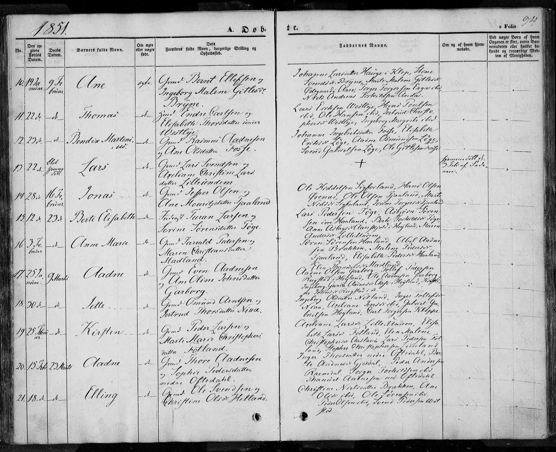 Lye sokneprestkontor, AV/SAST-A-101794/001/30BA/L0005: Parish register (official) no. A 5.1, 1842-1855, p. 94