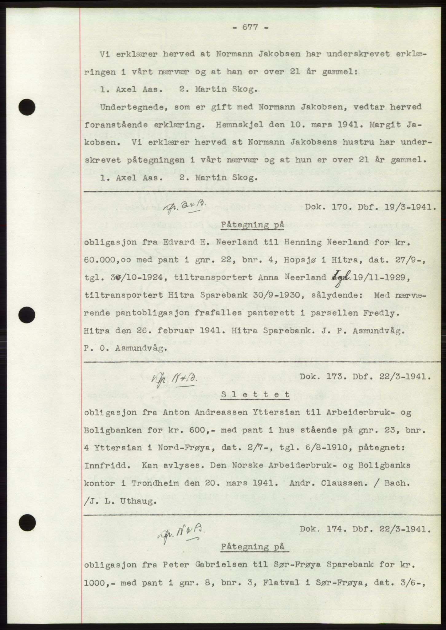 Hitra sorenskriveri, AV/SAT-A-0018/2/2C/2Ca: Mortgage book no. C1, 1936-1945, Diary no: : 170/1941