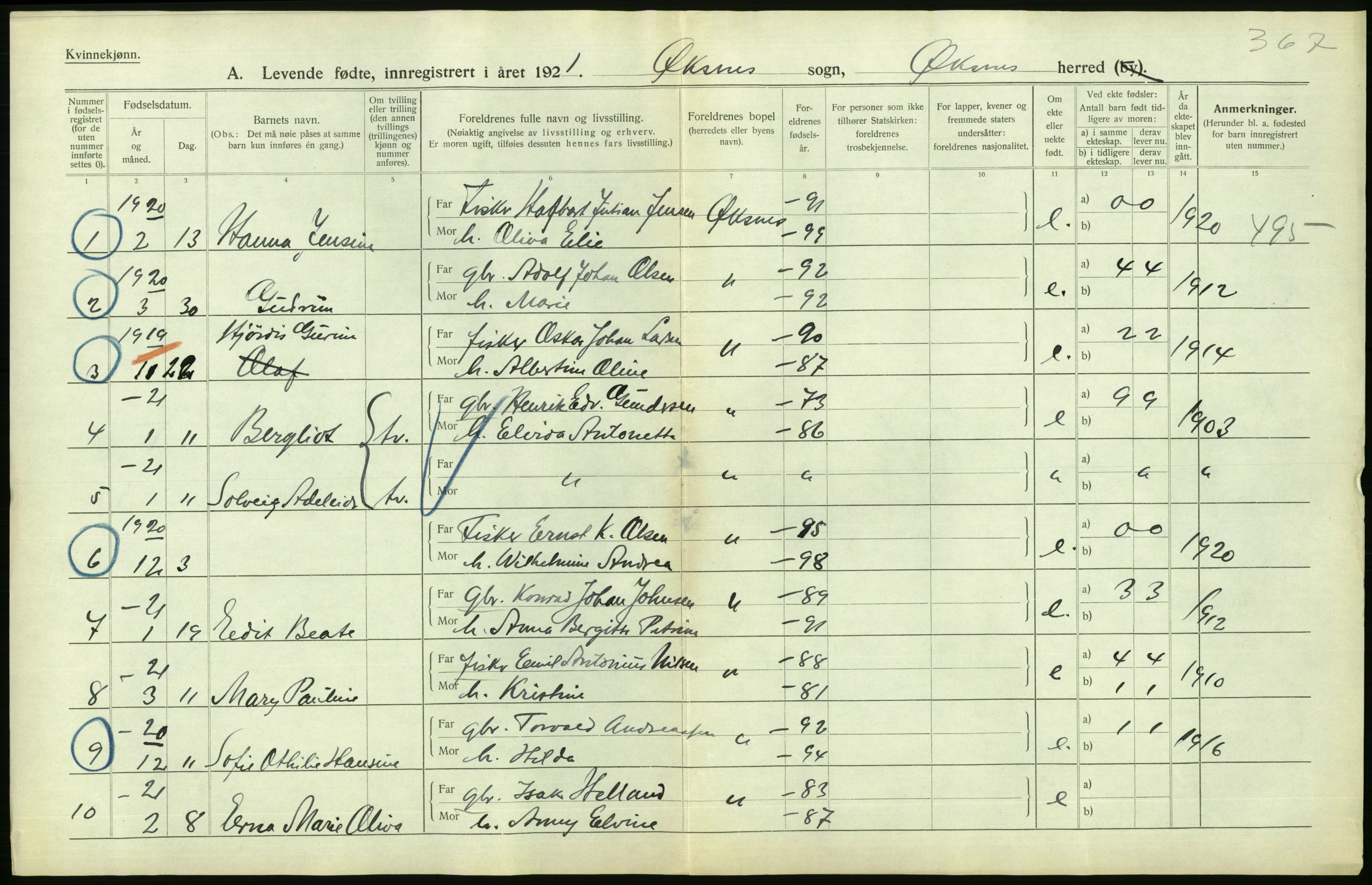 Statistisk sentralbyrå, Sosiodemografiske emner, Befolkning, AV/RA-S-2228/D/Df/Dfc/Dfca/L0049: Nordland fylke: Levendefødte menn og kvinner. Bygder., 1921, p. 426