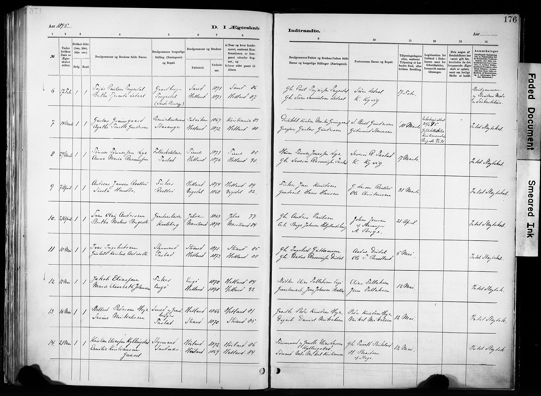 Hetland sokneprestkontor, AV/SAST-A-101826/30/30BA/L0011: Parish register (official) no. A 11, 1884-1911, p. 176