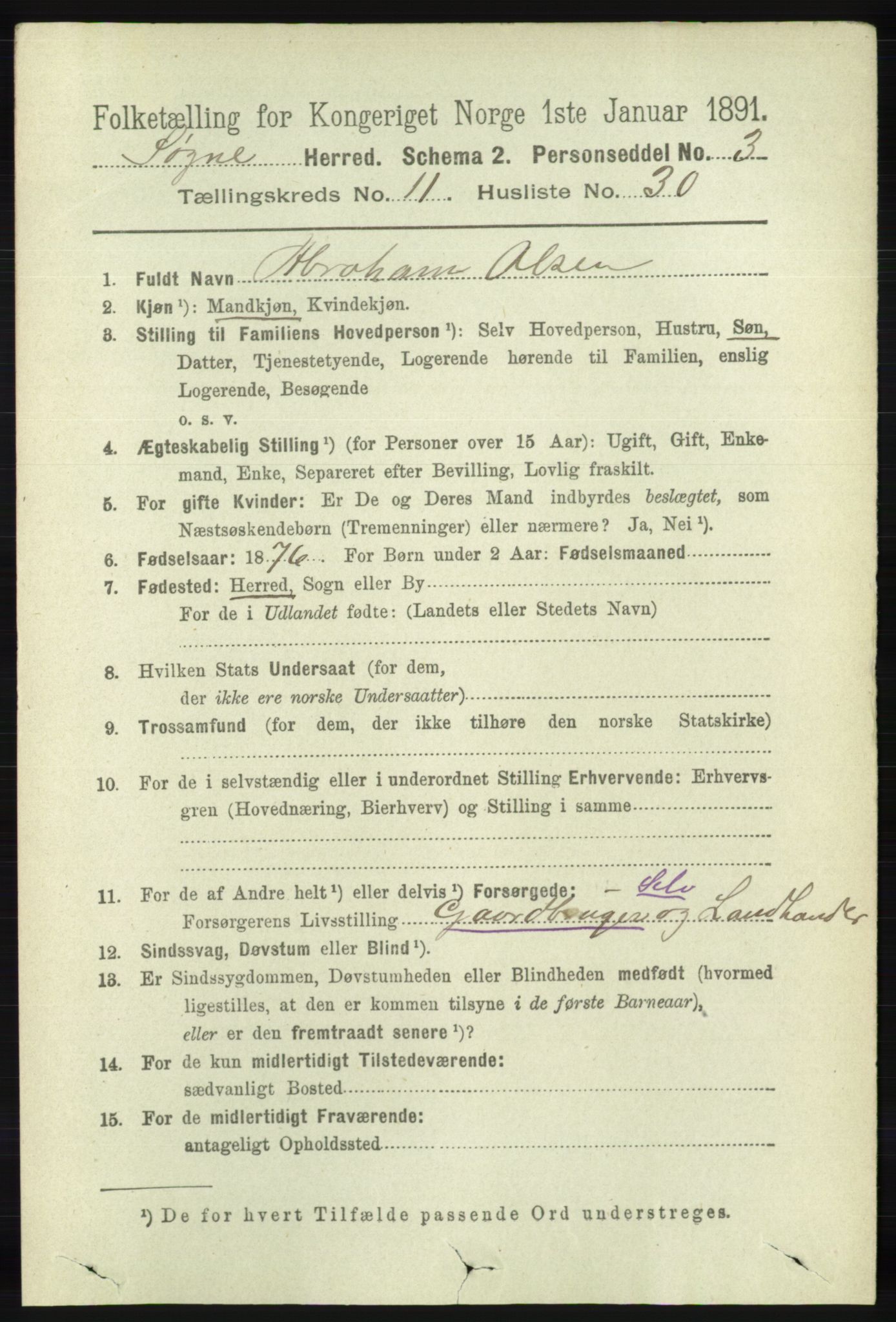 RA, 1891 census for 1018 Søgne, 1891, p. 3096