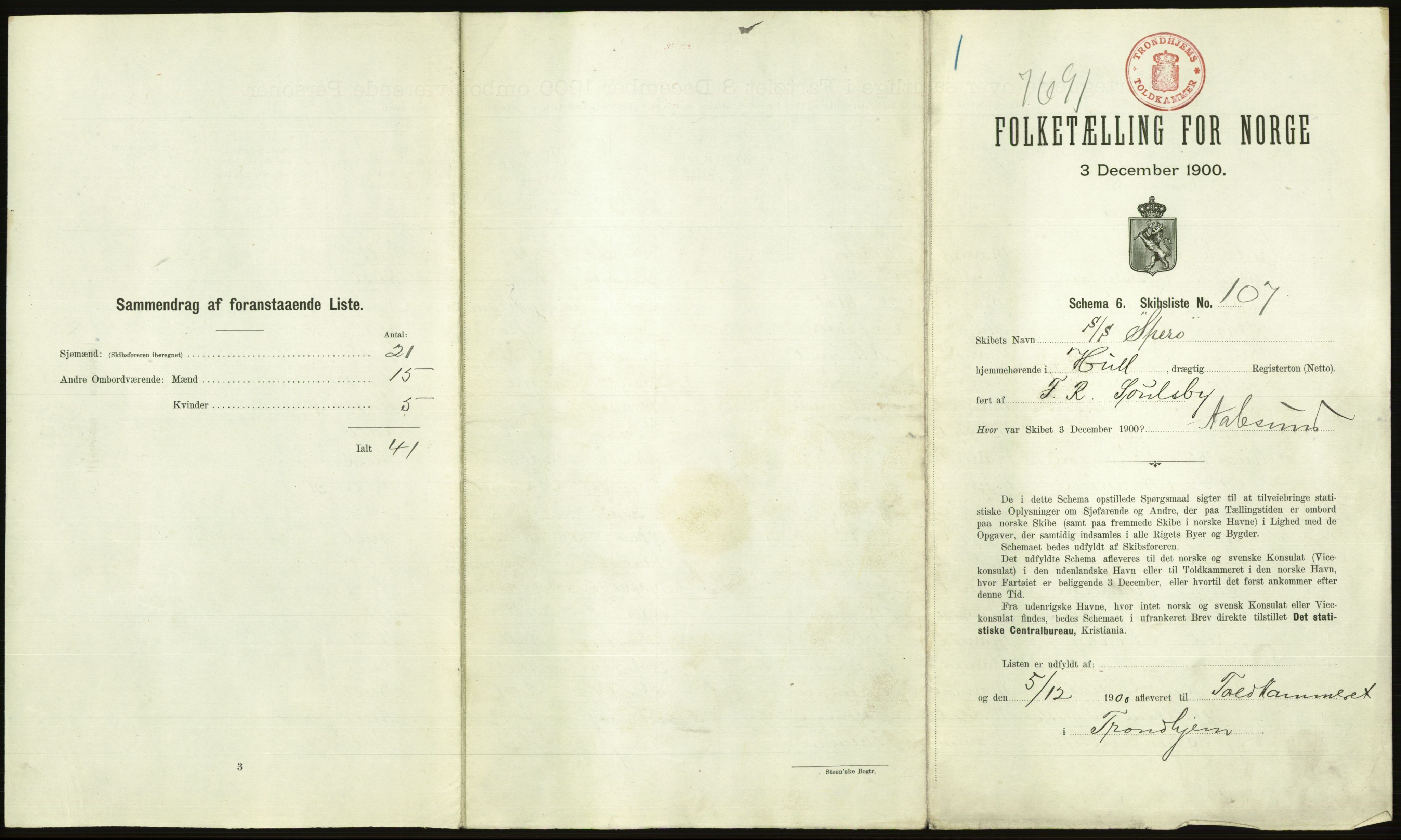 RA, 1900 Census - ship lists from ships in Norwegian harbours, harbours abroad and at sea, 1900, p. 2523