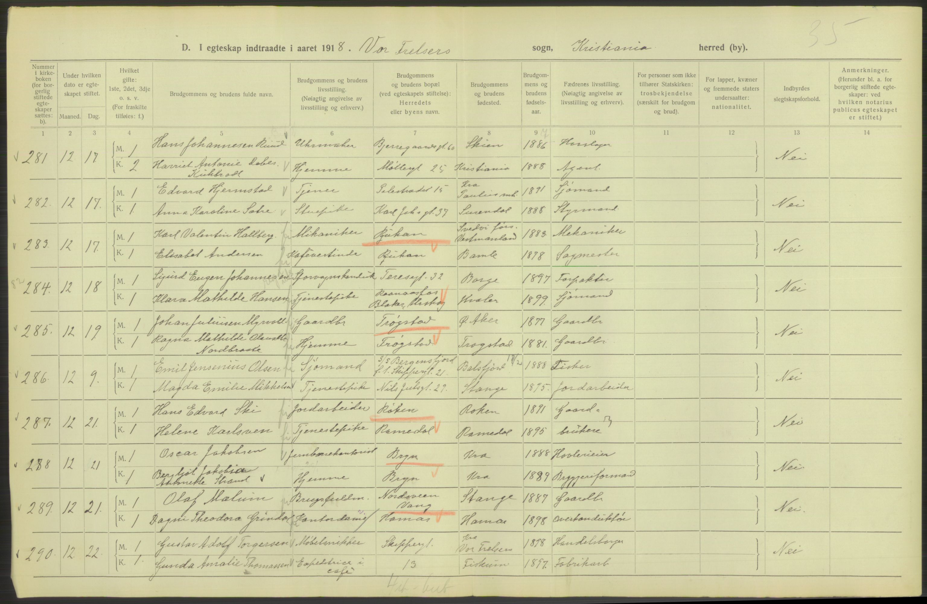 Statistisk sentralbyrå, Sosiodemografiske emner, Befolkning, AV/RA-S-2228/D/Df/Dfb/Dfbh/L0009: Kristiania: Gifte, 1918, p. 116