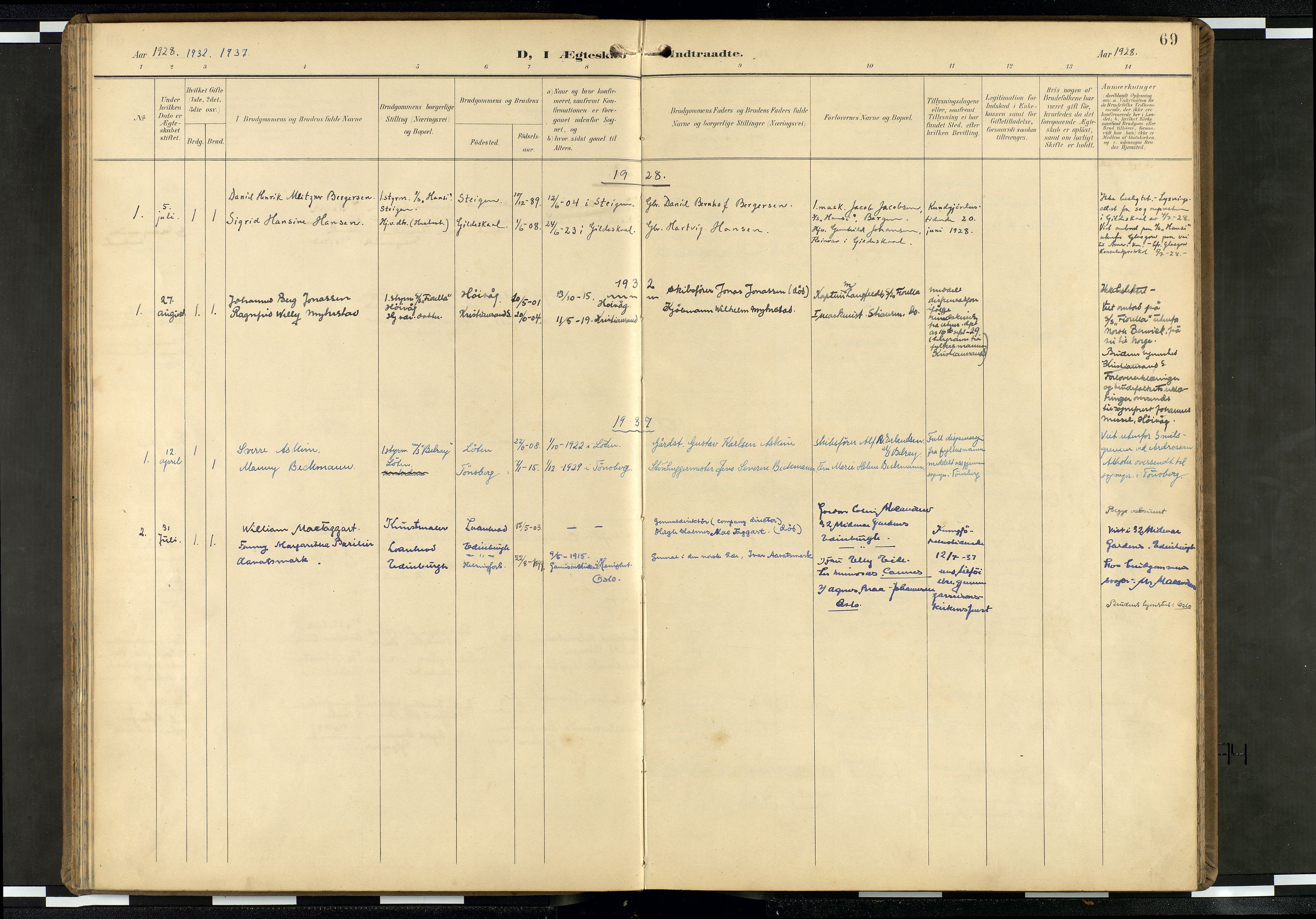 Den norske sjømannsmisjon i utlandet/Skotske havner (Leith, Glasgow), SAB/SAB/PA-0100/H/Ha/Haa/L0004: Parish register (official) no. A 4, 1899-1949, p. 68b-69a