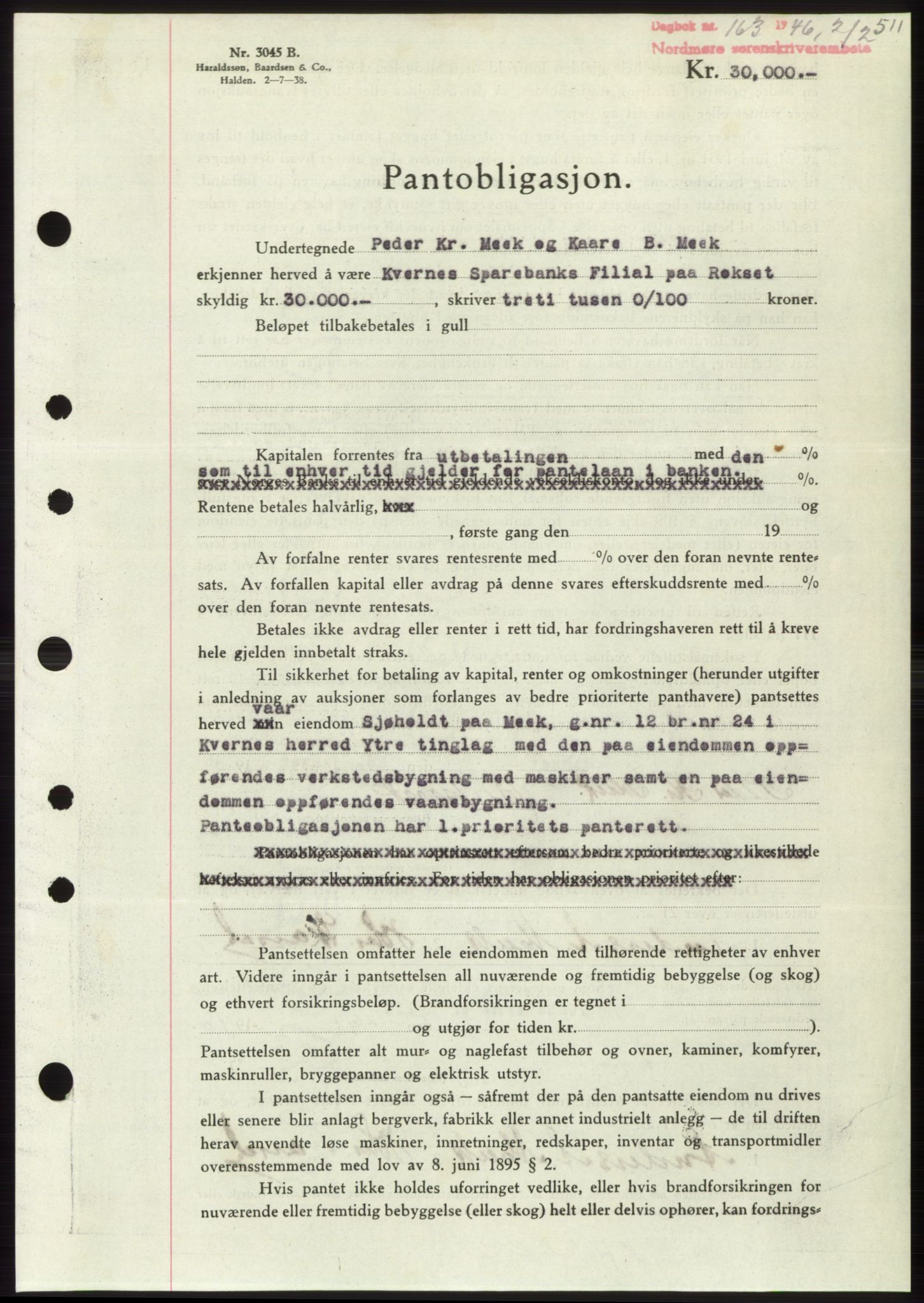 Nordmøre sorenskriveri, AV/SAT-A-4132/1/2/2Ca: Mortgage book no. B93b, 1946-1946, Diary no: : 163/1946