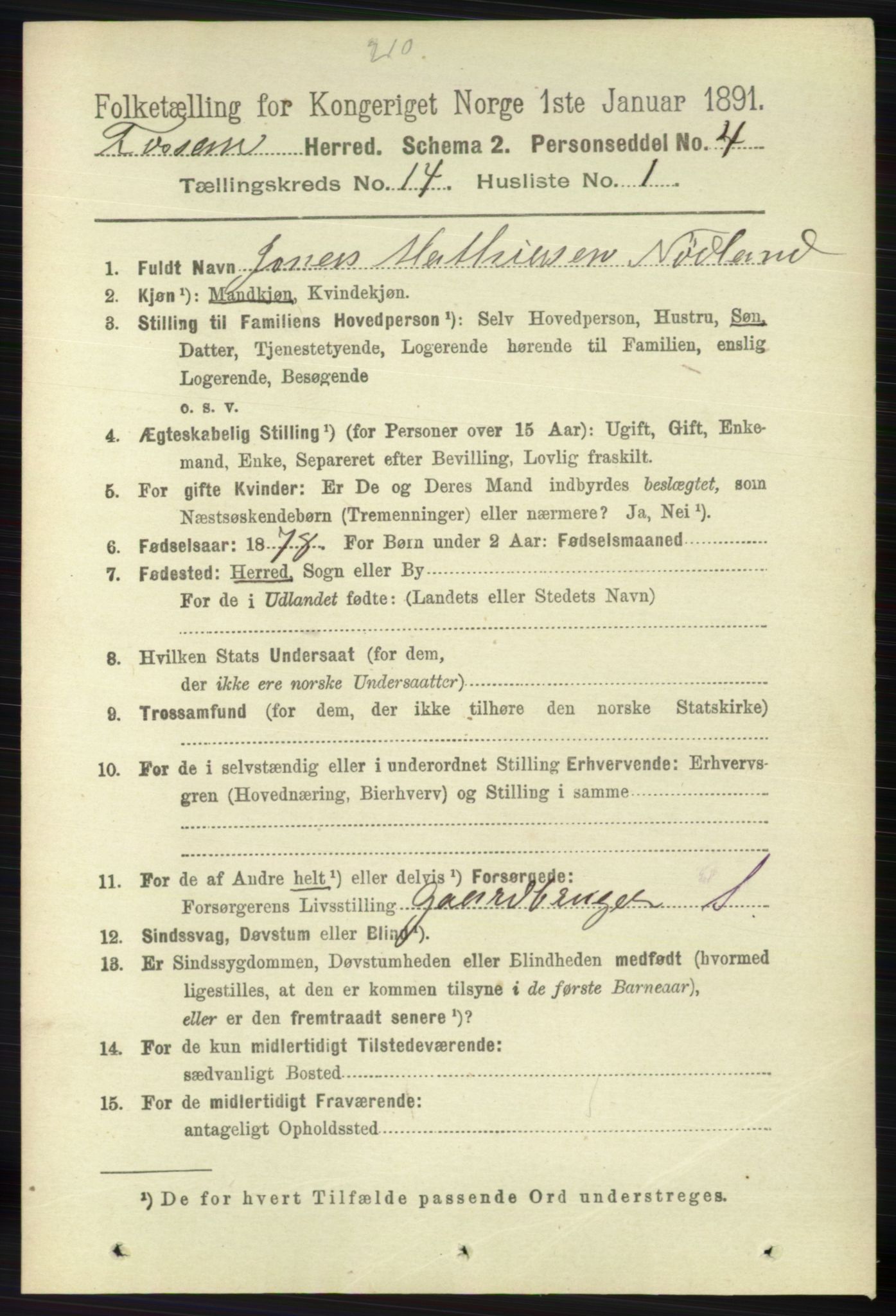 RA, 1891 census for 1129 Forsand, 1891, p. 2223