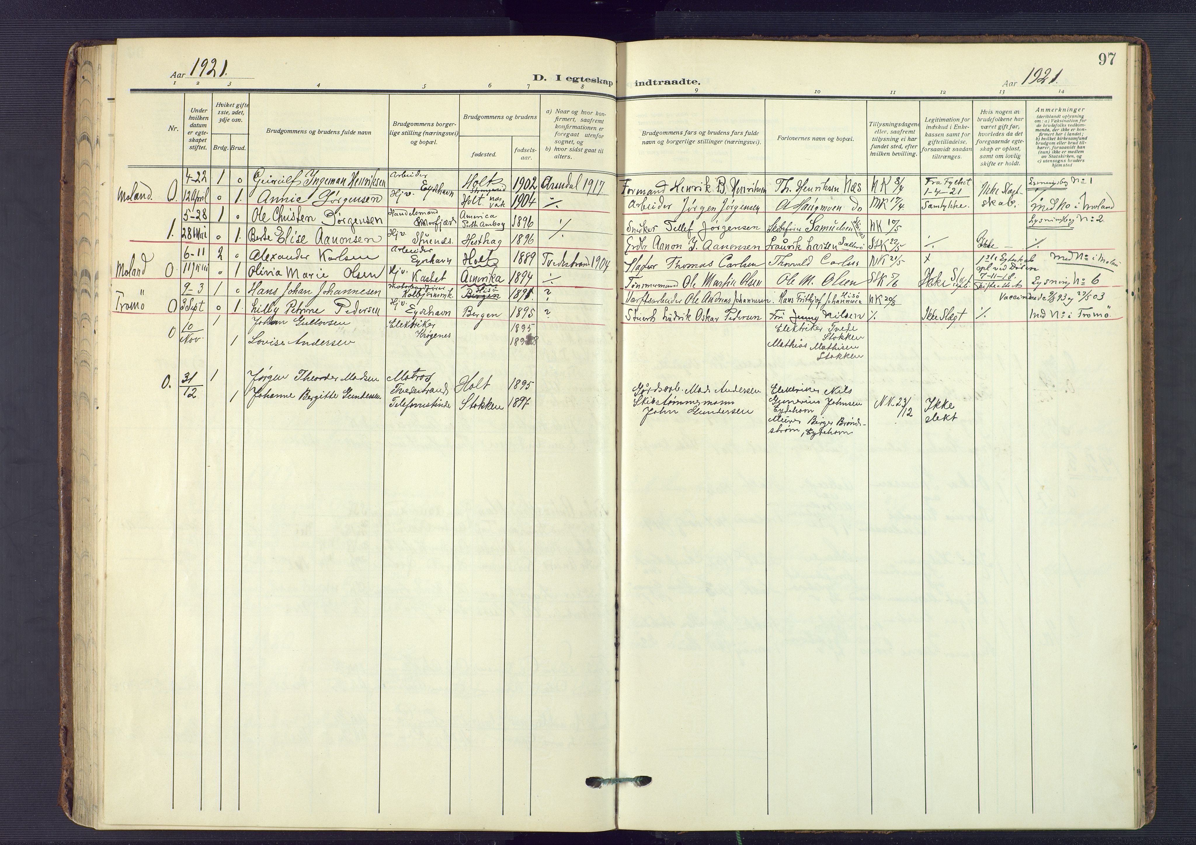 Austre Moland sokneprestkontor, SAK/1111-0001/F/Fa/Fab/L0003: Parish register (official) no. A 3, 1914-1927, p. 97