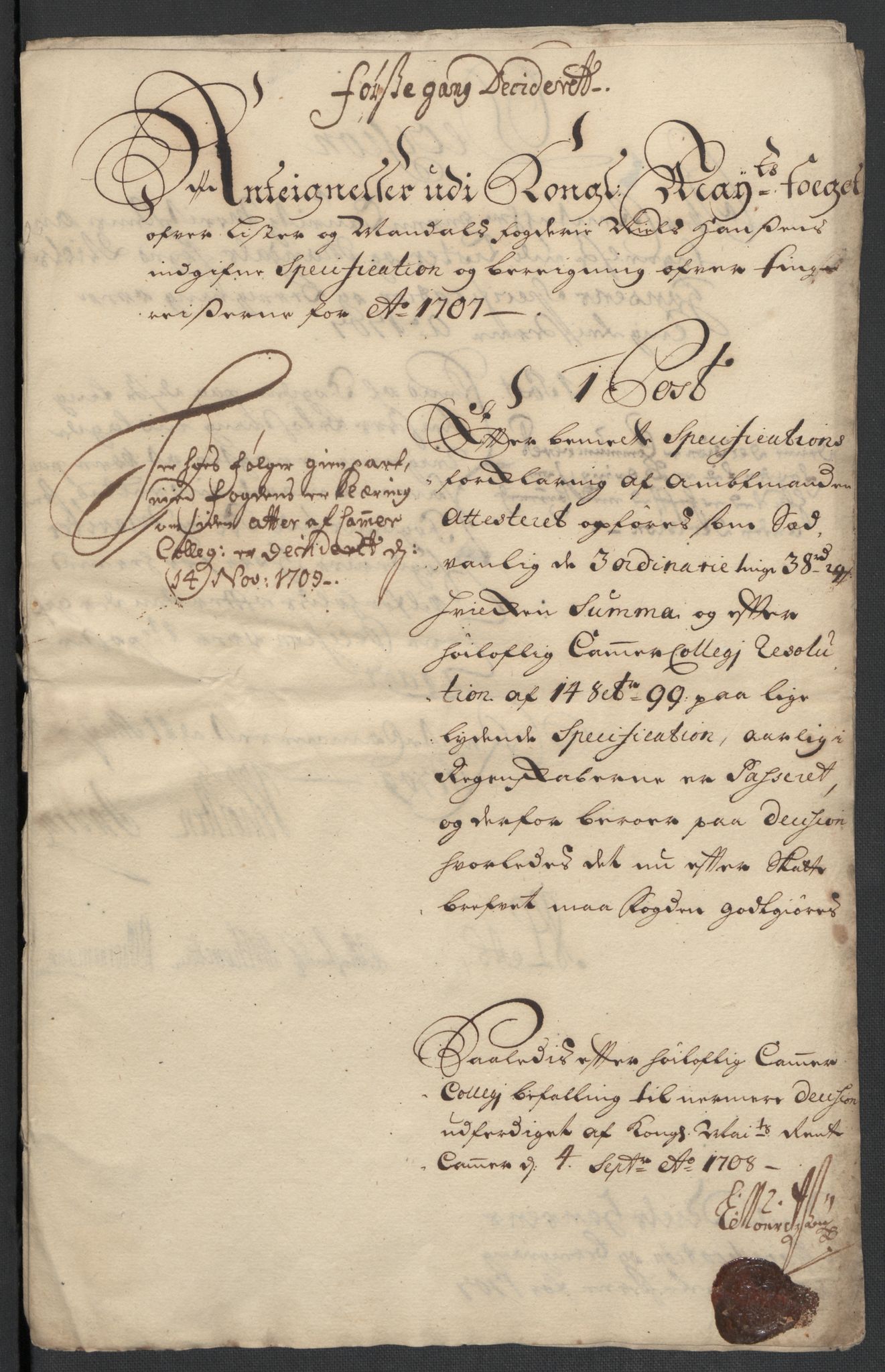 Rentekammeret inntil 1814, Reviderte regnskaper, Fogderegnskap, RA/EA-4092/R43/L2551: Fogderegnskap Lista og Mandal, 1705-1709, p. 573