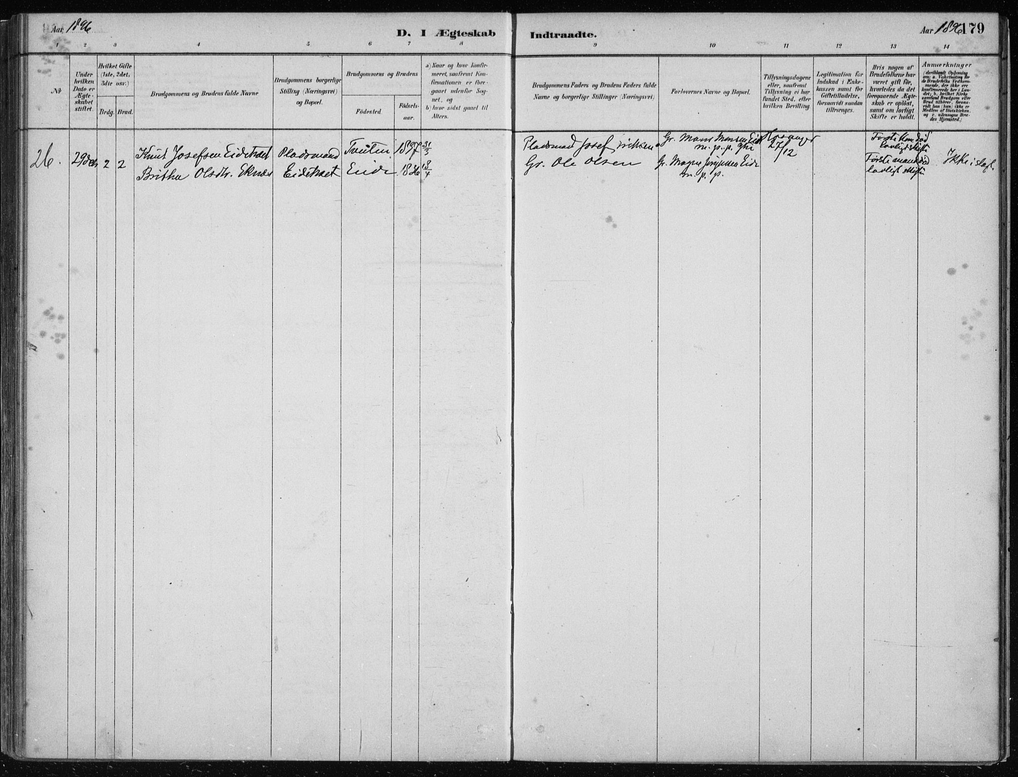 Hosanger sokneprestembete, AV/SAB-A-75801/H/Haa: Parish register (official) no. B  1, 1880-1896, p. 179