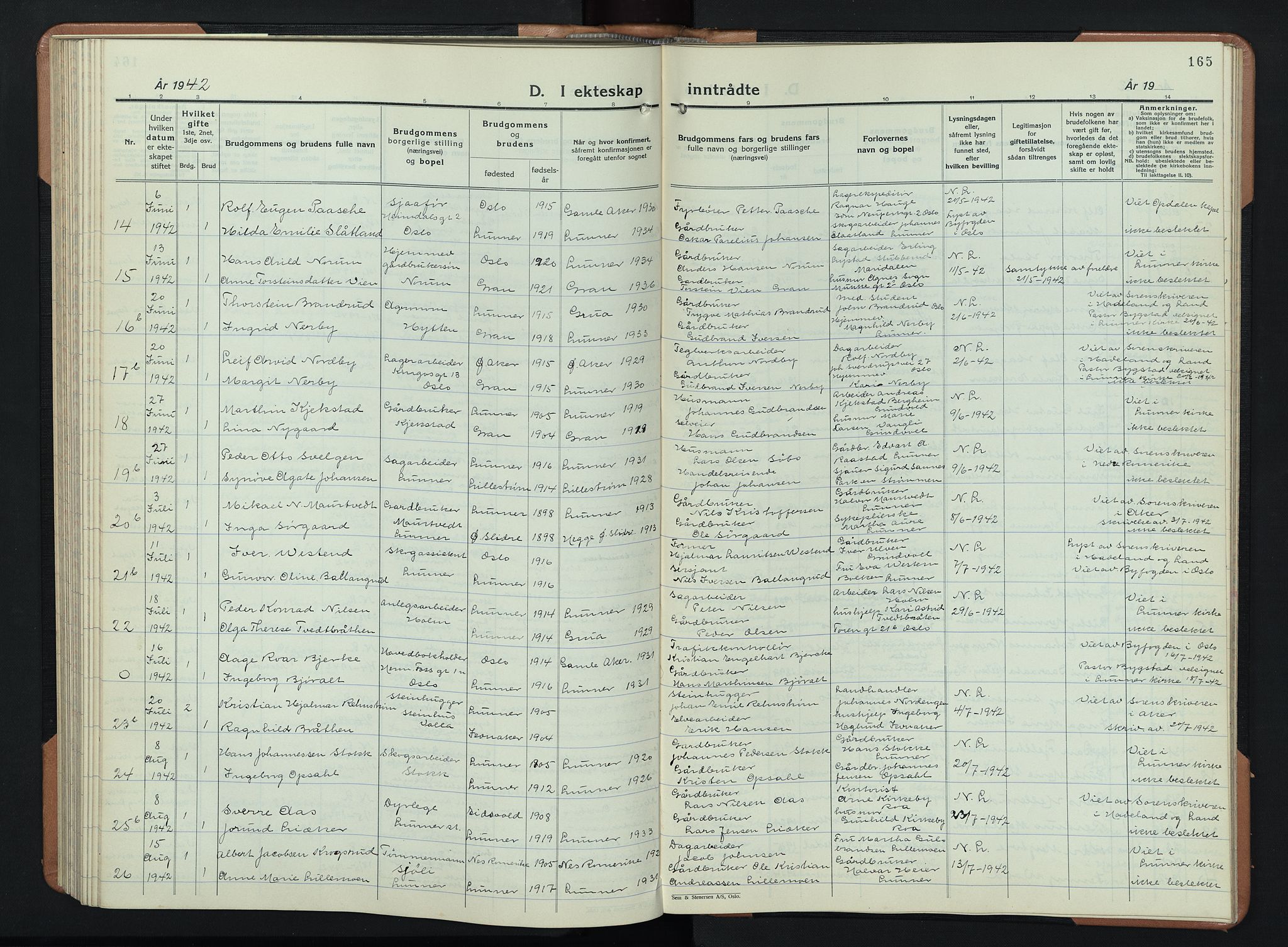 Lunner prestekontor, AV/SAH-PREST-118/H/Ha/Hab/L0003: Parish register (copy) no. 3, 1933-1945, p. 165