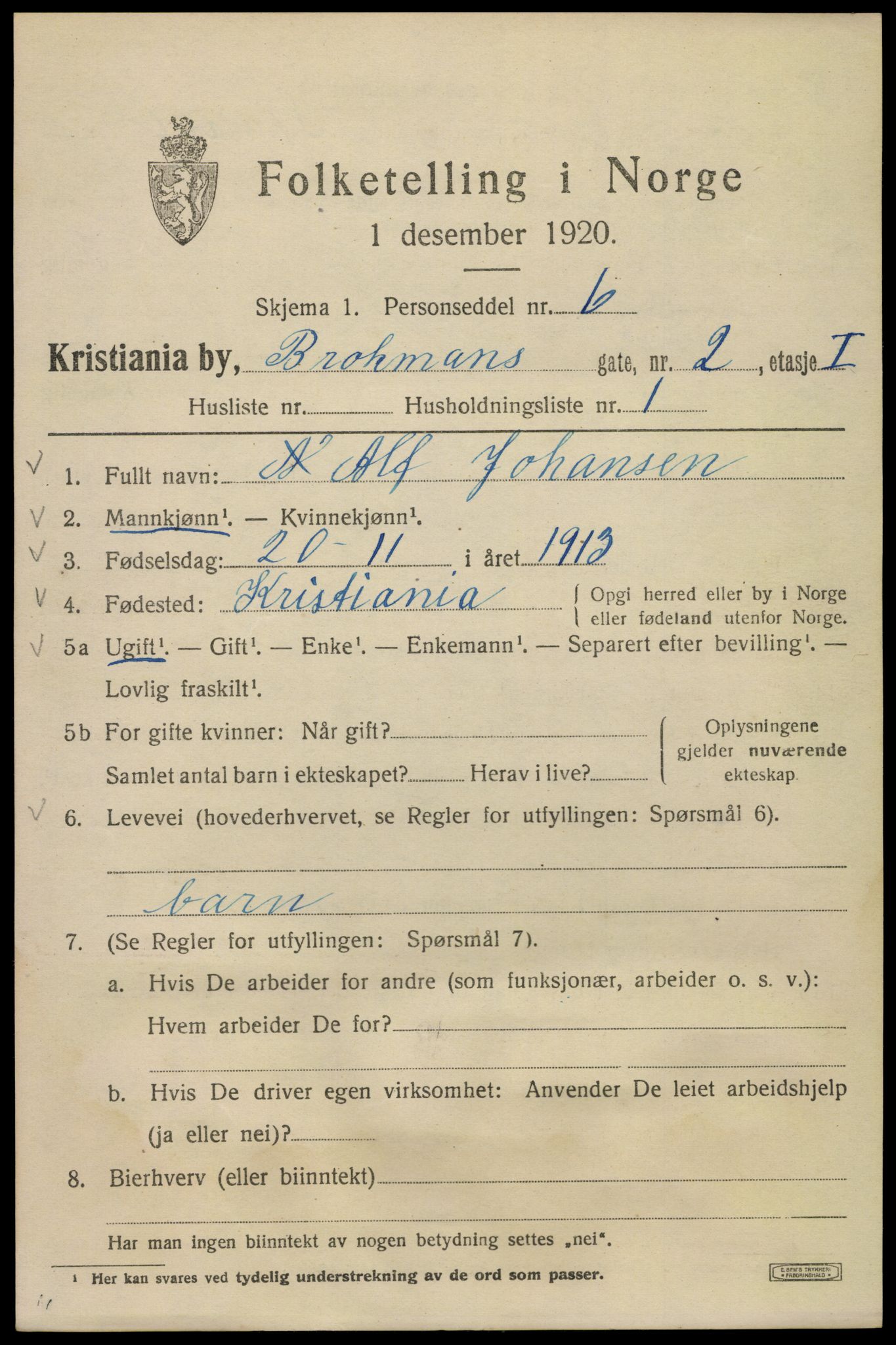 SAO, 1920 census for Kristiania, 1920, p. 174349