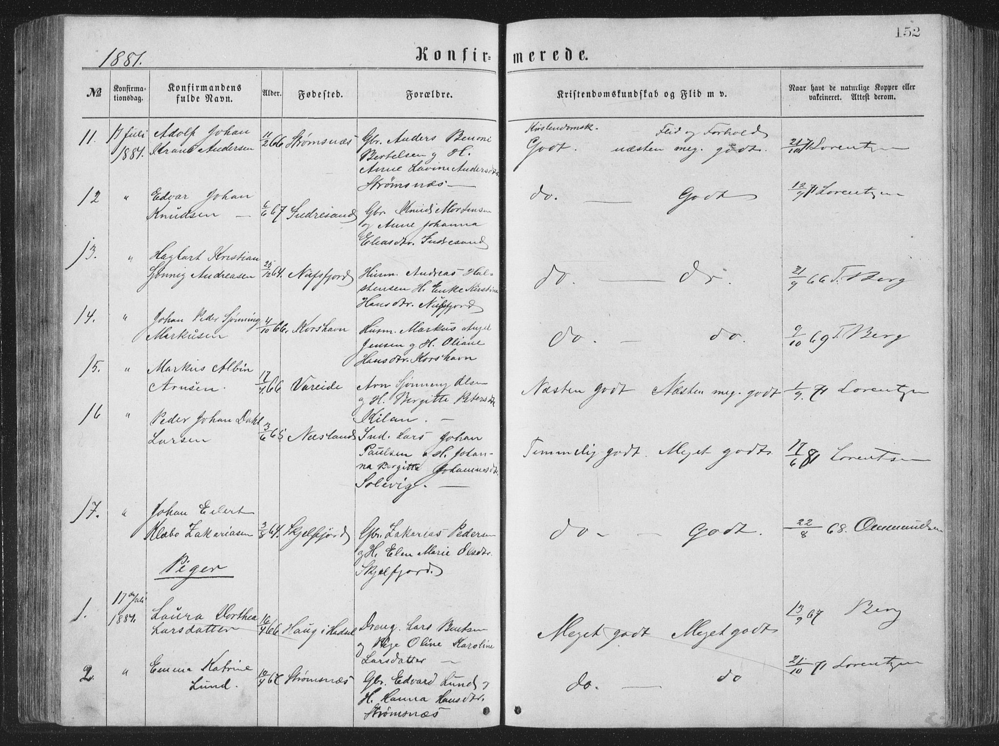 Ministerialprotokoller, klokkerbøker og fødselsregistre - Nordland, AV/SAT-A-1459/885/L1213: Parish register (copy) no. 885C02, 1874-1892, p. 152