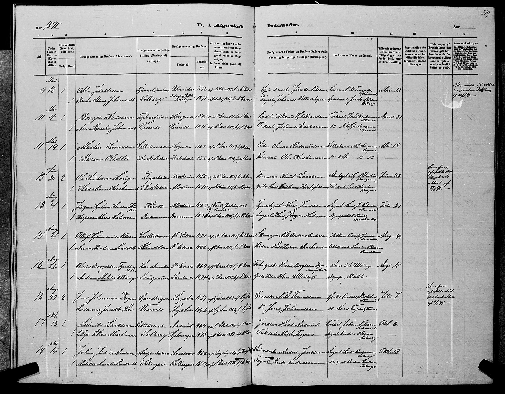 Nedre Eiker kirkebøker, AV/SAKO-A-612/G/Ga/L0002: Parish register (copy) no. 2, 1880-1896, p. 319