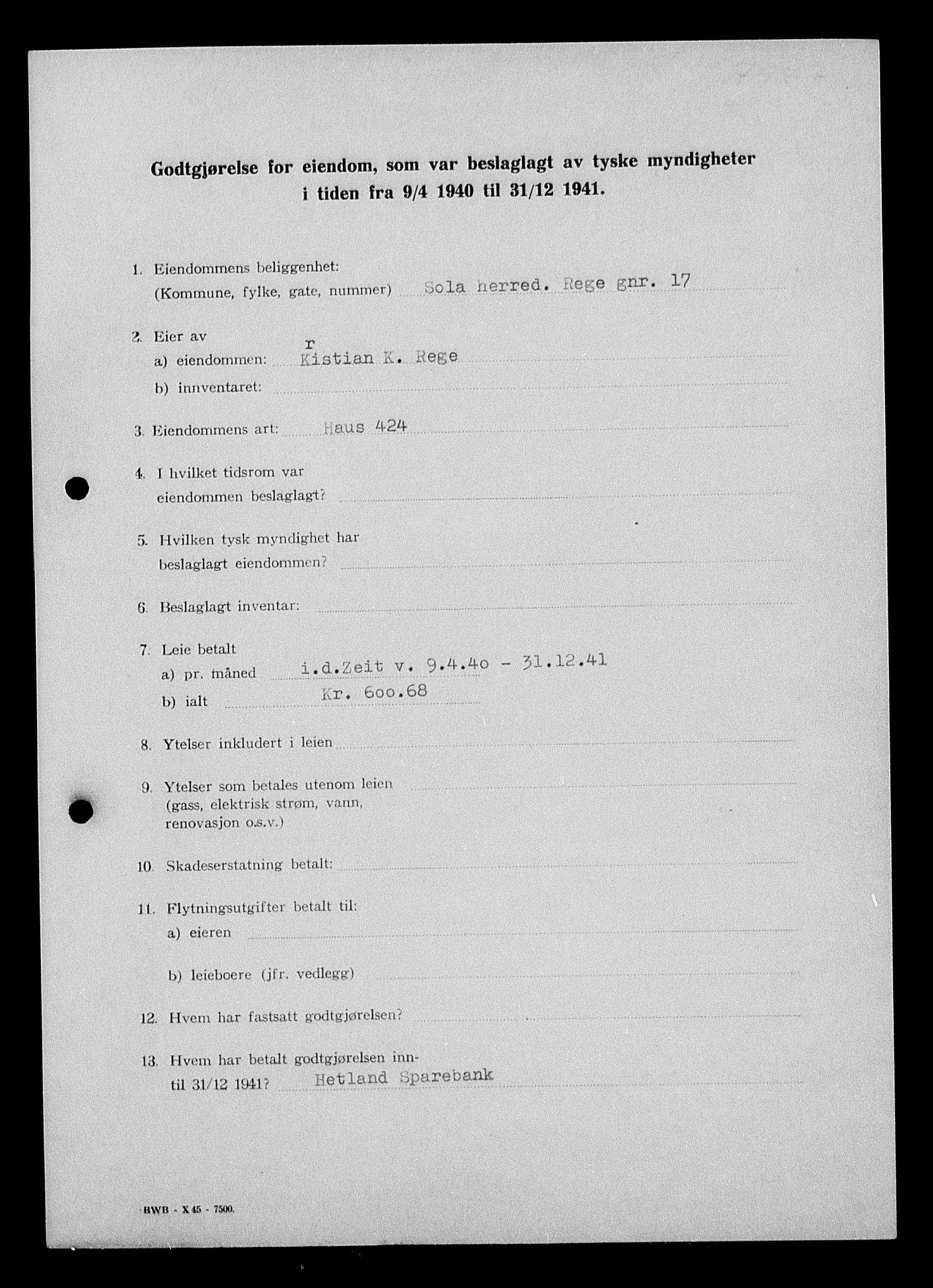 Justisdepartementet, Tilbakeføringskontoret for inndratte formuer, AV/RA-S-1564/I/L1015: Godtgjørelse for beslaglagt eiendom, 1940-1941, p. 84