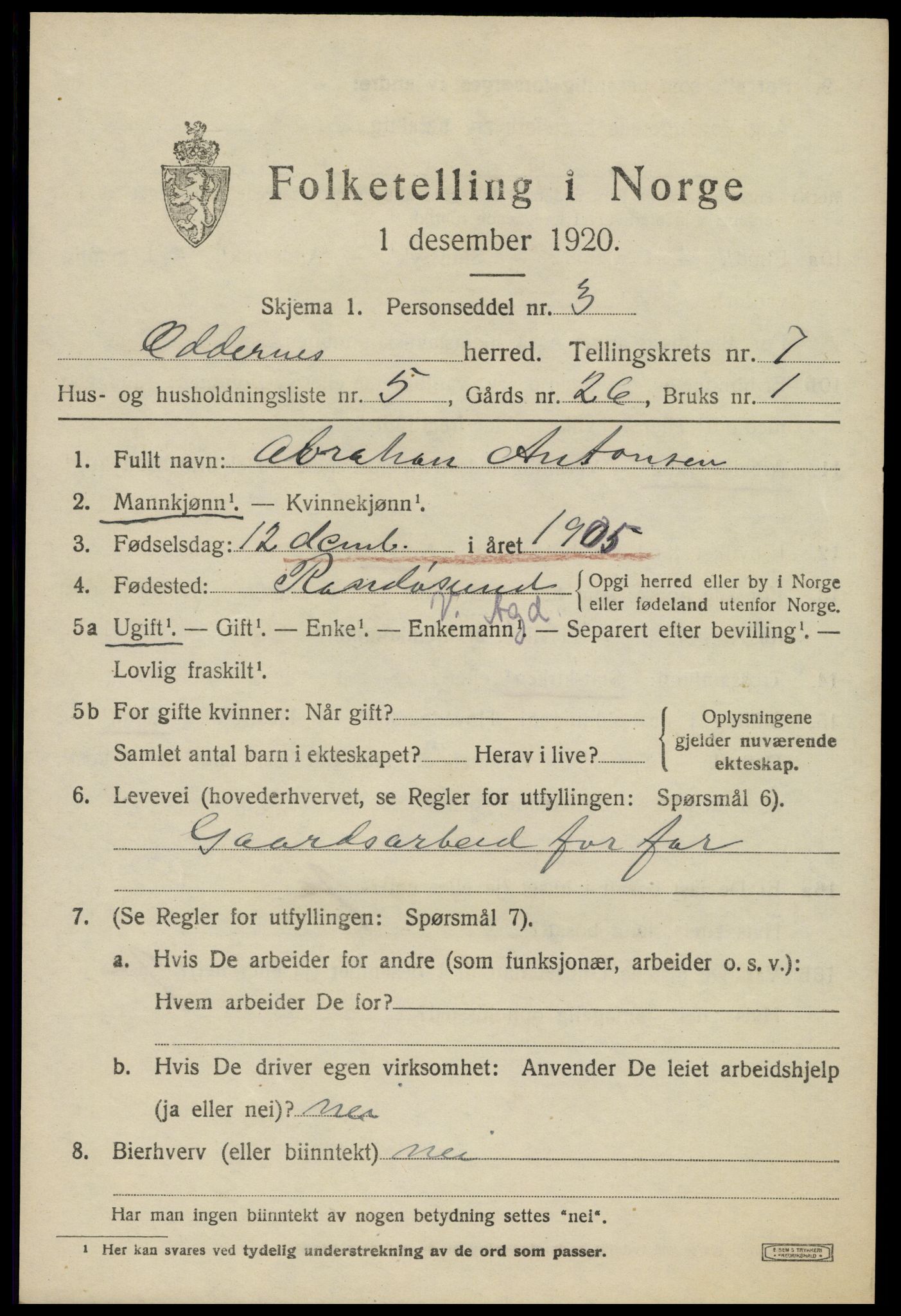 SAK, 1920 census for Oddernes, 1920, p. 5411
