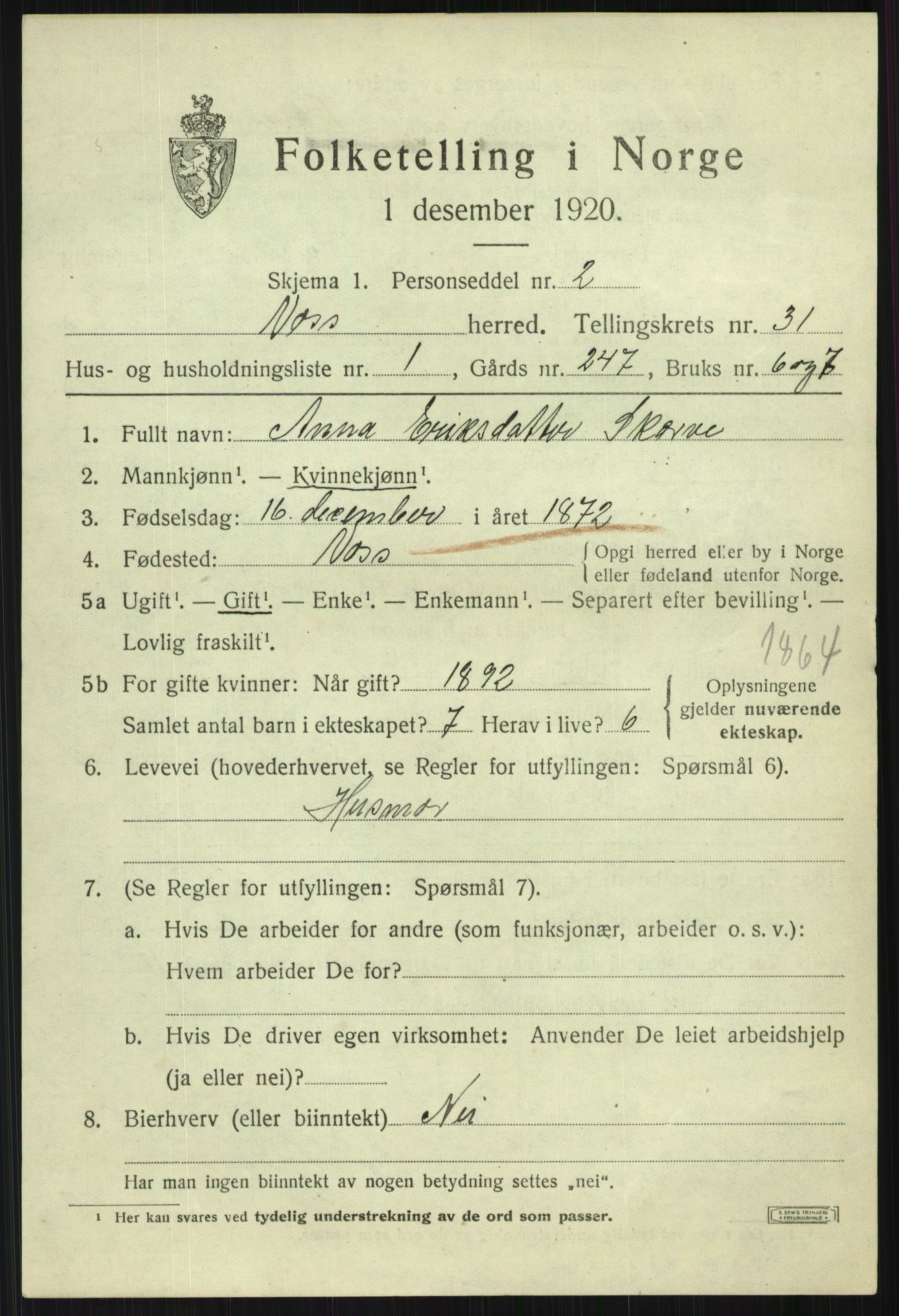 SAB, 1920 census for Voss, 1920, p. 19921