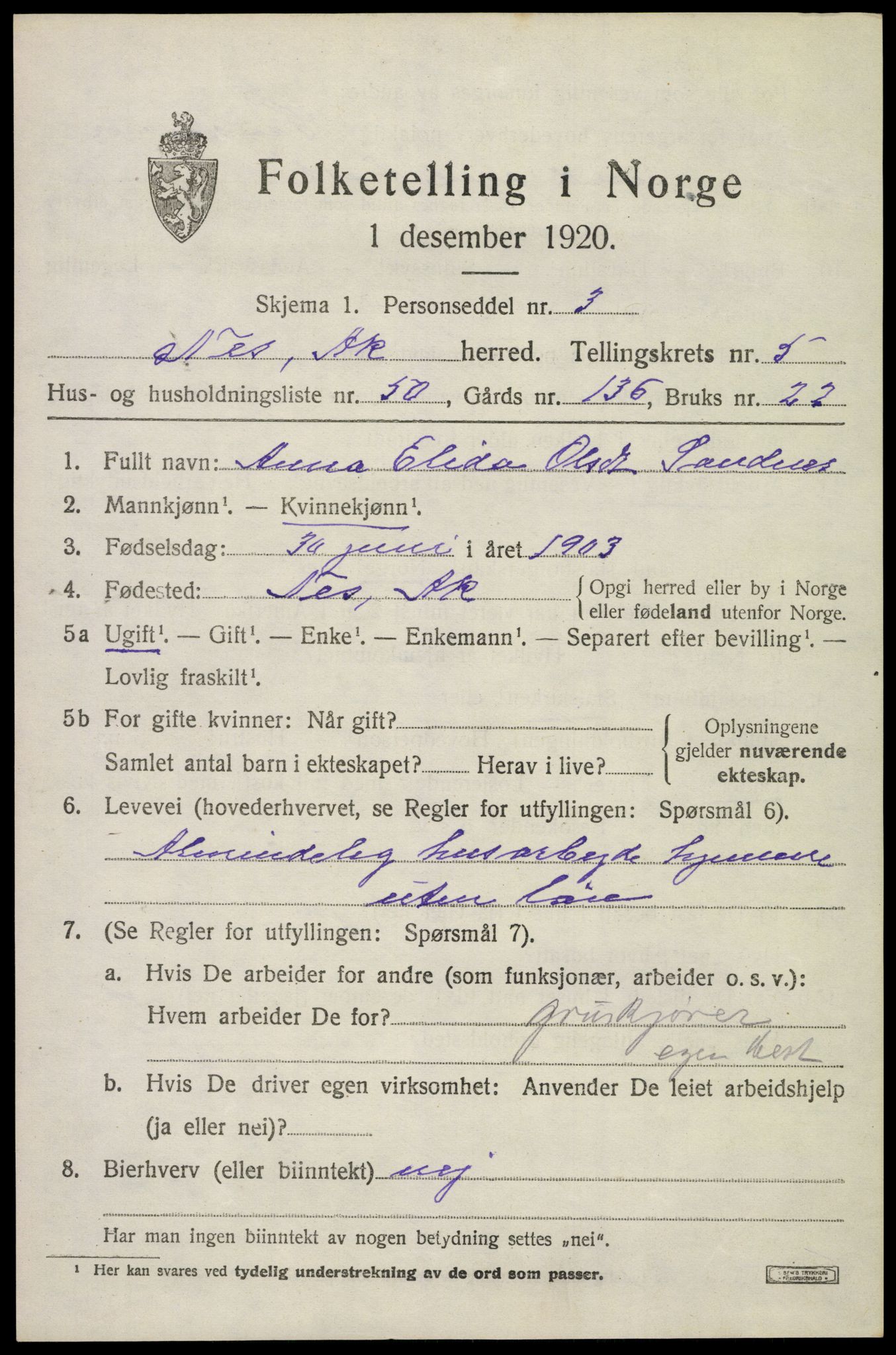 SAO, 1920 census for Nes, 1920, p. 7092