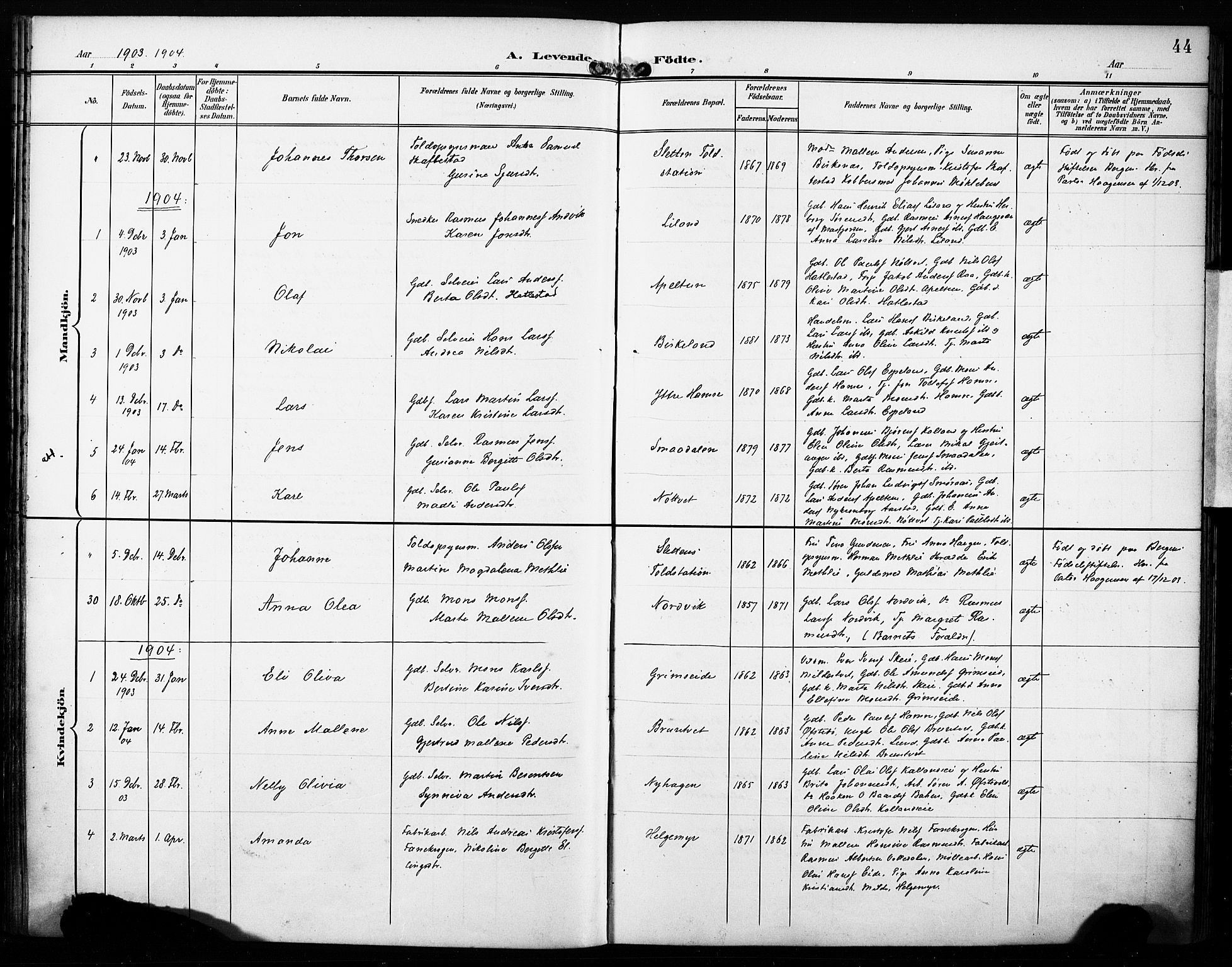 Fana Sokneprestembete, AV/SAB-A-75101/H/Haa/Haab/L0003: Parish register (official) no. B 3, 1898-1907, p. 44