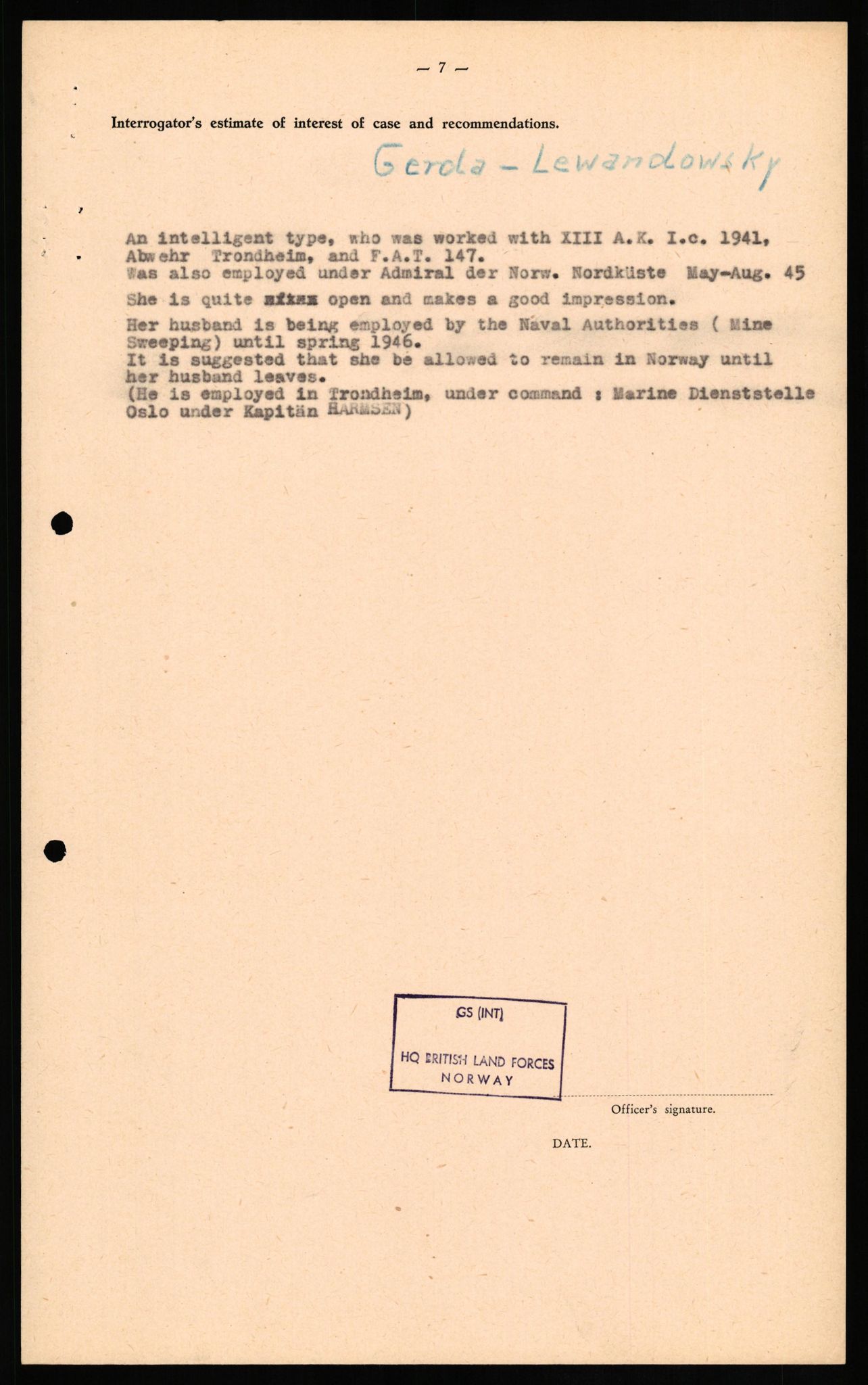 Forsvaret, Forsvarets overkommando II, RA/RAFA-3915/D/Db/L0020: CI Questionaires. Tyske okkupasjonsstyrker i Norge. Tyskere., 1945-1946, p. 130