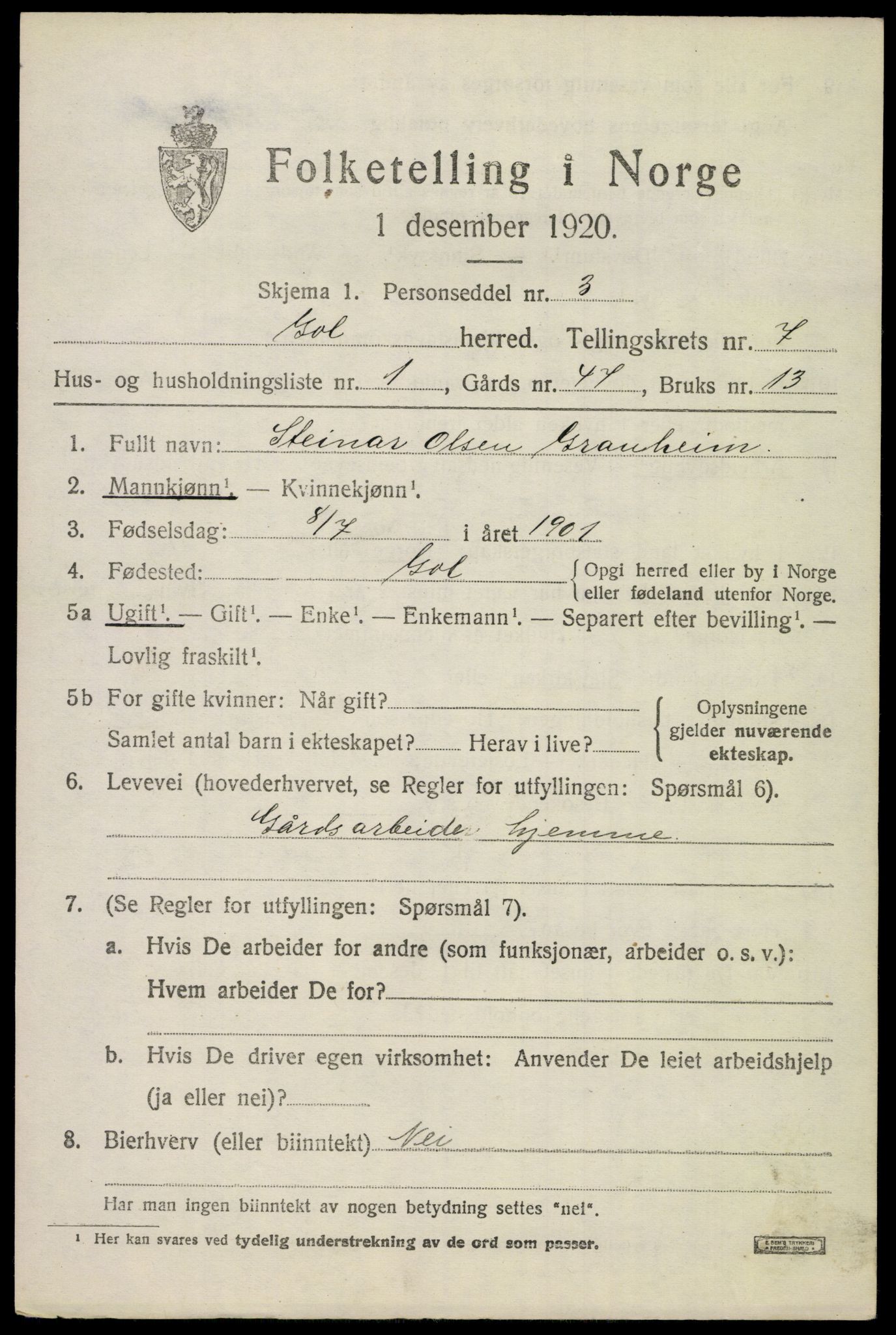 SAKO, 1920 census for Gol, 1920, p. 5454