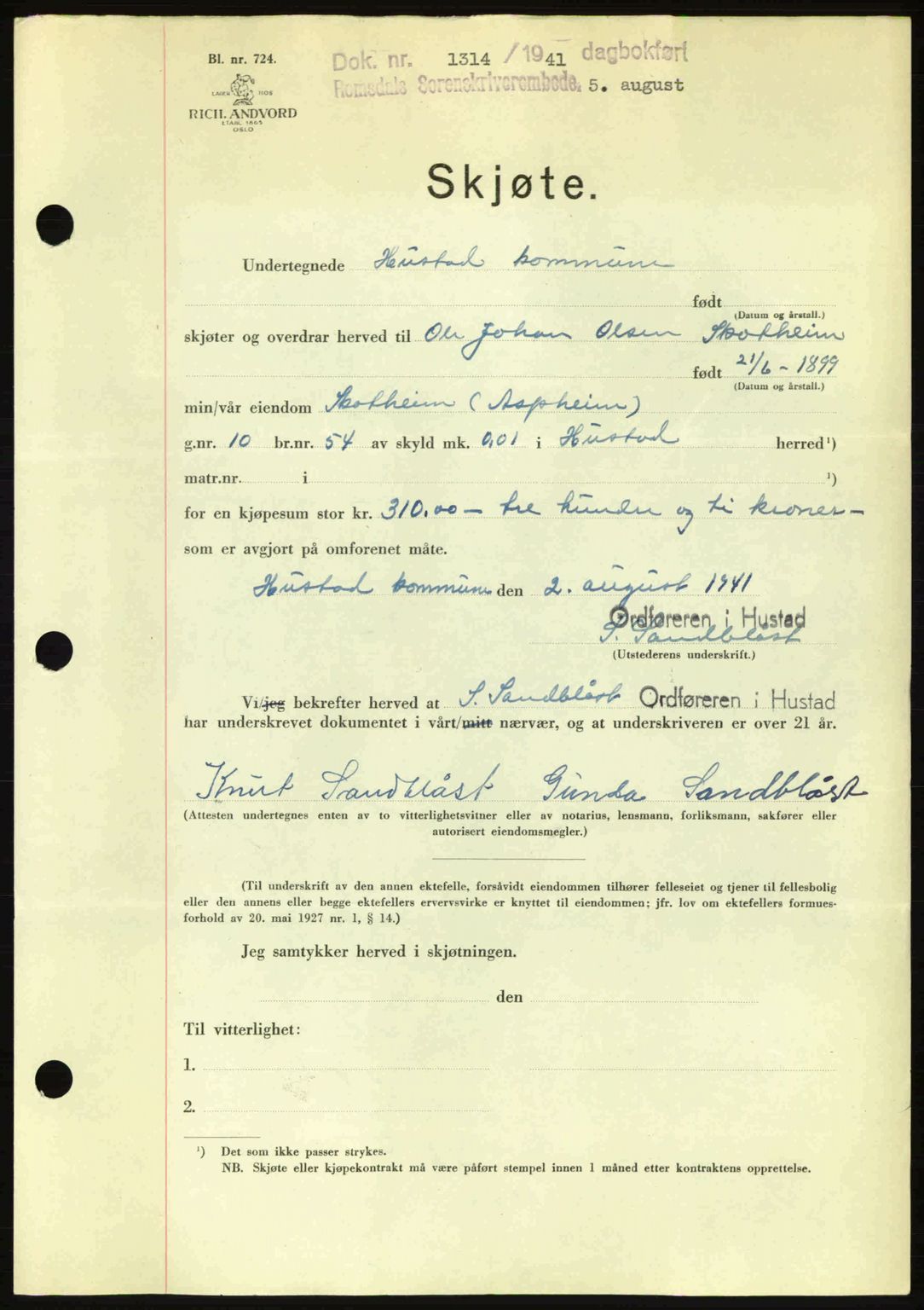 Romsdal sorenskriveri, AV/SAT-A-4149/1/2/2C: Mortgage book no. A10, 1941-1941, Diary no: : 1314/1941