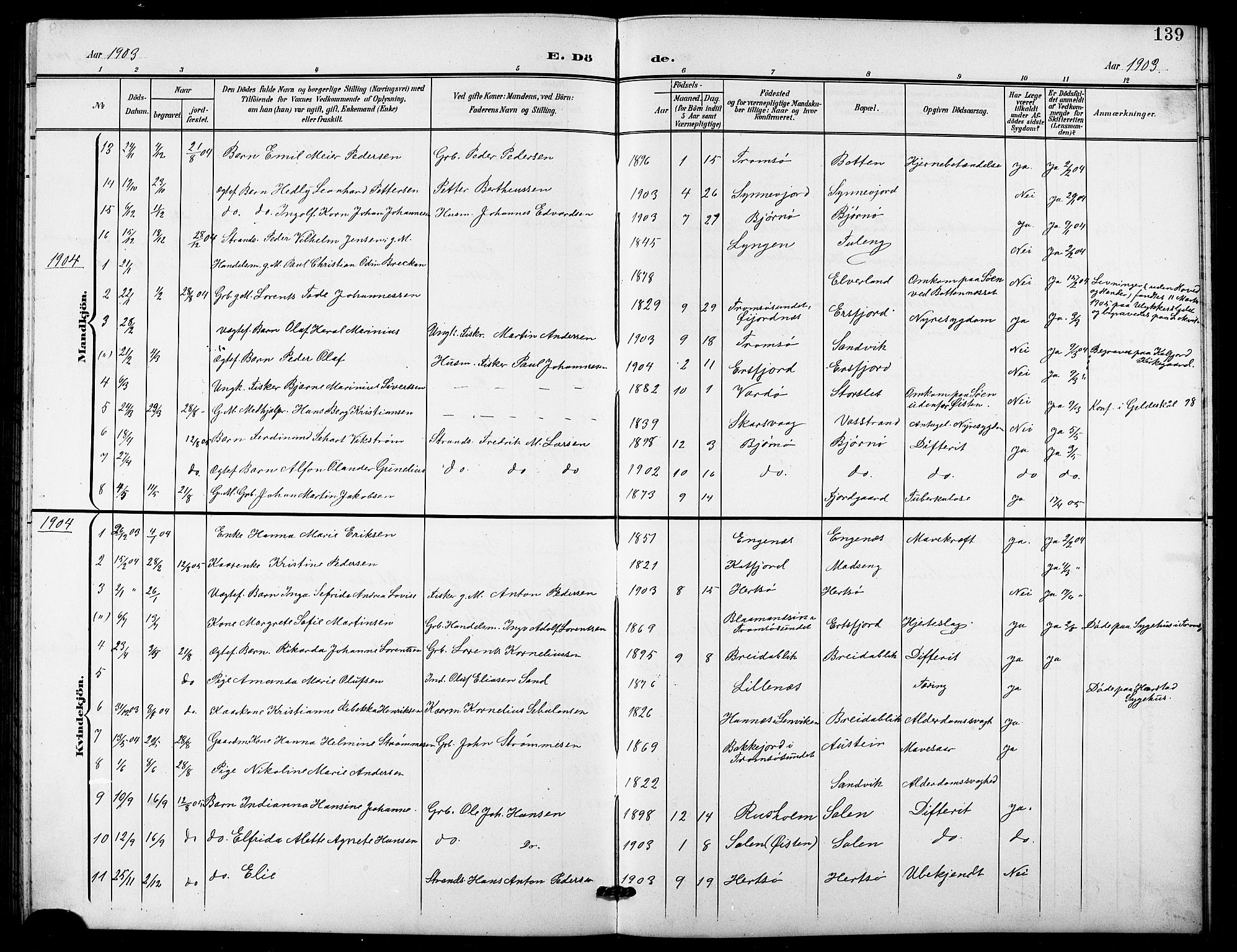 Lenvik sokneprestembete, SATØ/S-1310/H/Ha/Hab/L0022klokker: Parish register (copy) no. 22, 1901-1918, p. 139