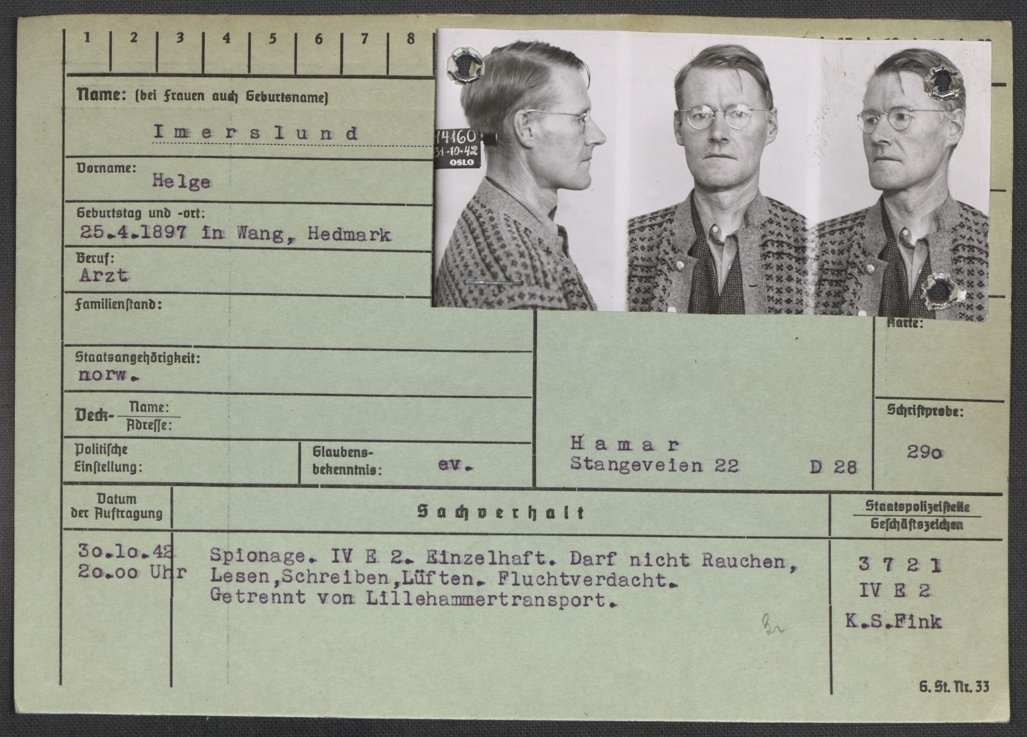 Befehlshaber der Sicherheitspolizei und des SD, AV/RA-RAFA-5969/E/Ea/Eaa/L0005: Register over norske fanger i Møllergata 19: Hø-Kj, 1940-1945, p. 126