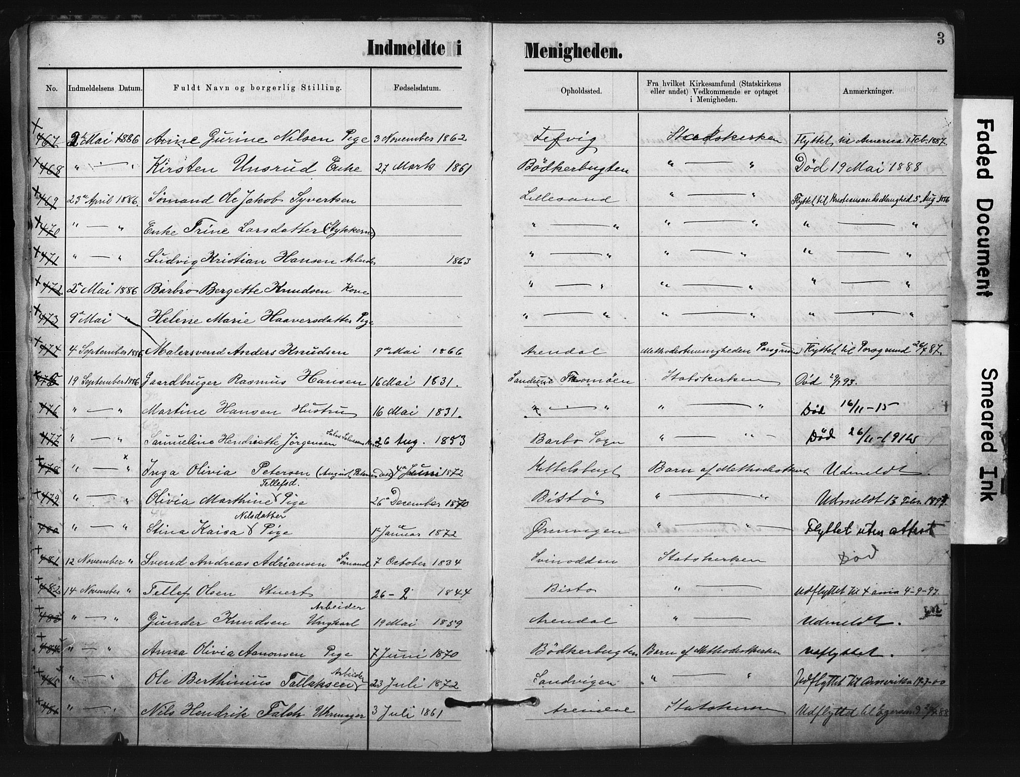 Metodistmenigheten, Arendal, AV/SAK-1292-0011/F/Fa/L0004: Dissenter register no. F-4, 1883-1892, p. 3