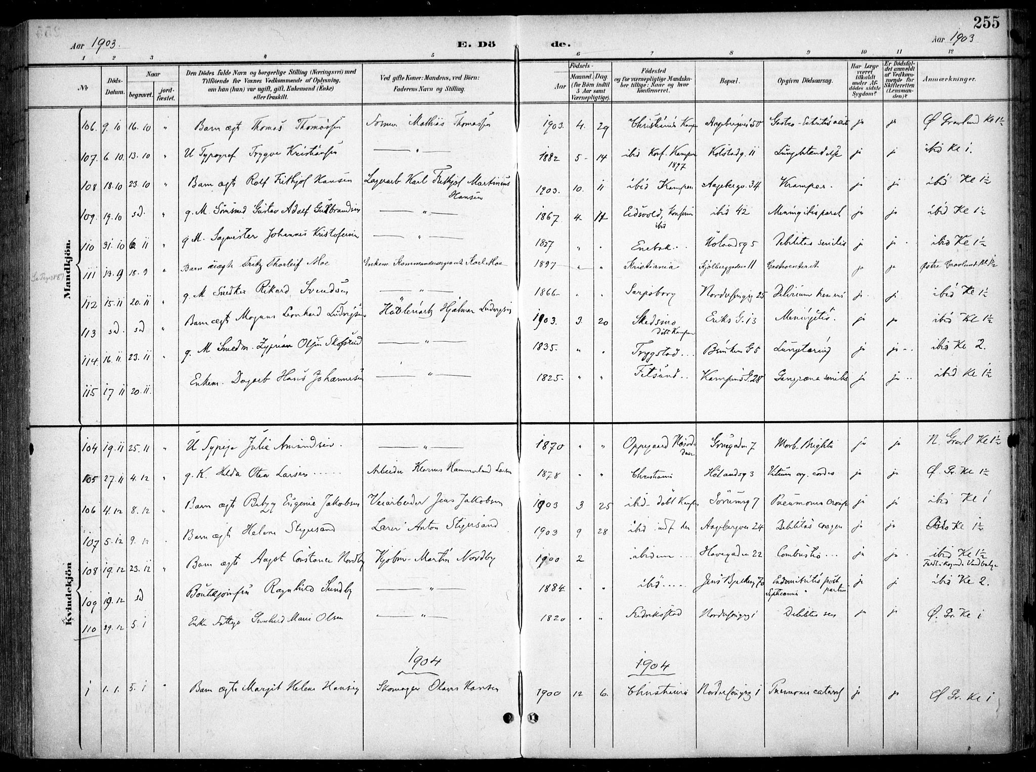 Kampen prestekontor Kirkebøker, SAO/A-10853/F/Fa/L0009: Parish register (official) no. I 9, 1899-1911, p. 255