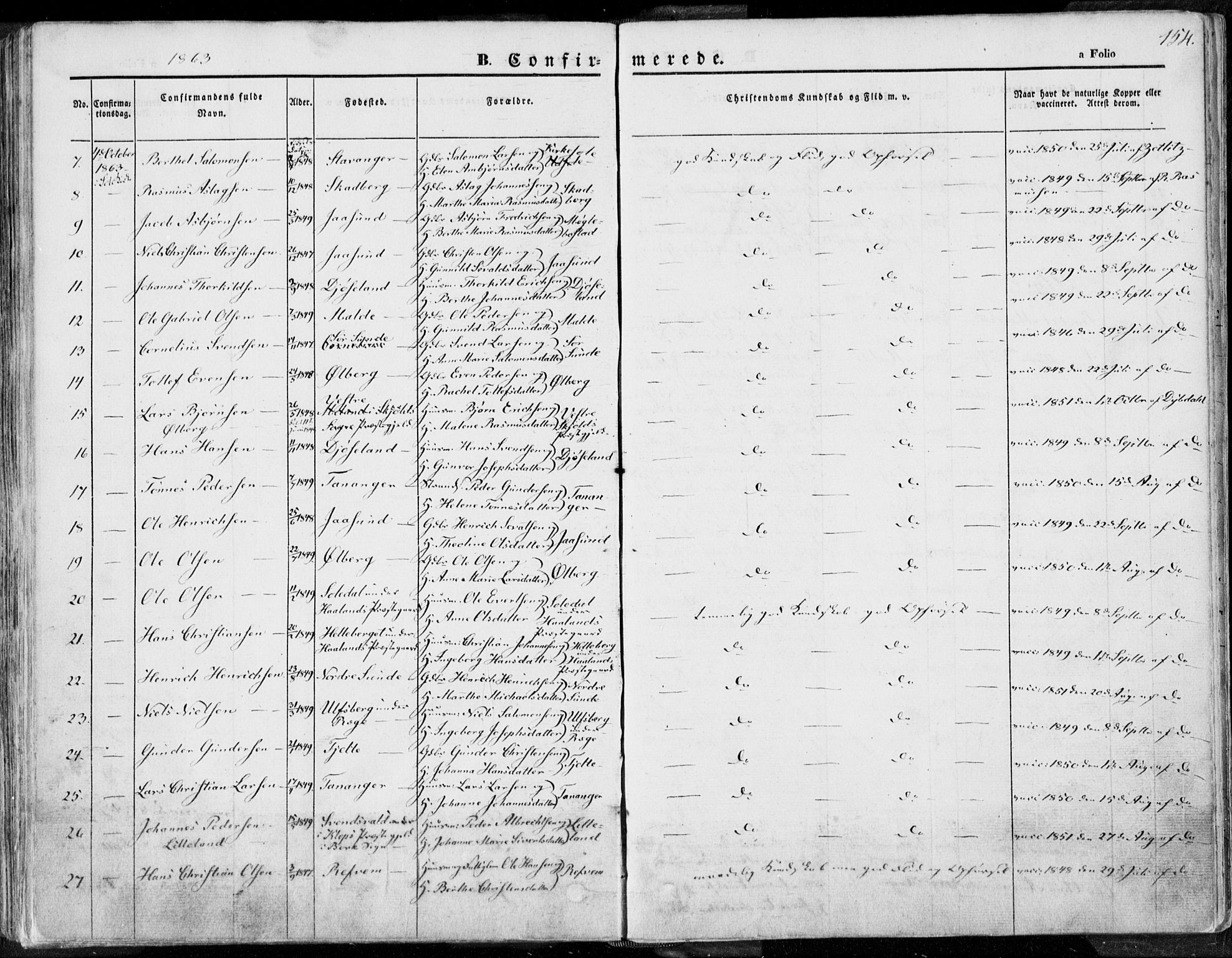 Håland sokneprestkontor, AV/SAST-A-101802/001/30BA/L0007: Parish register (official) no. A 7.1, 1854-1870, p. 154